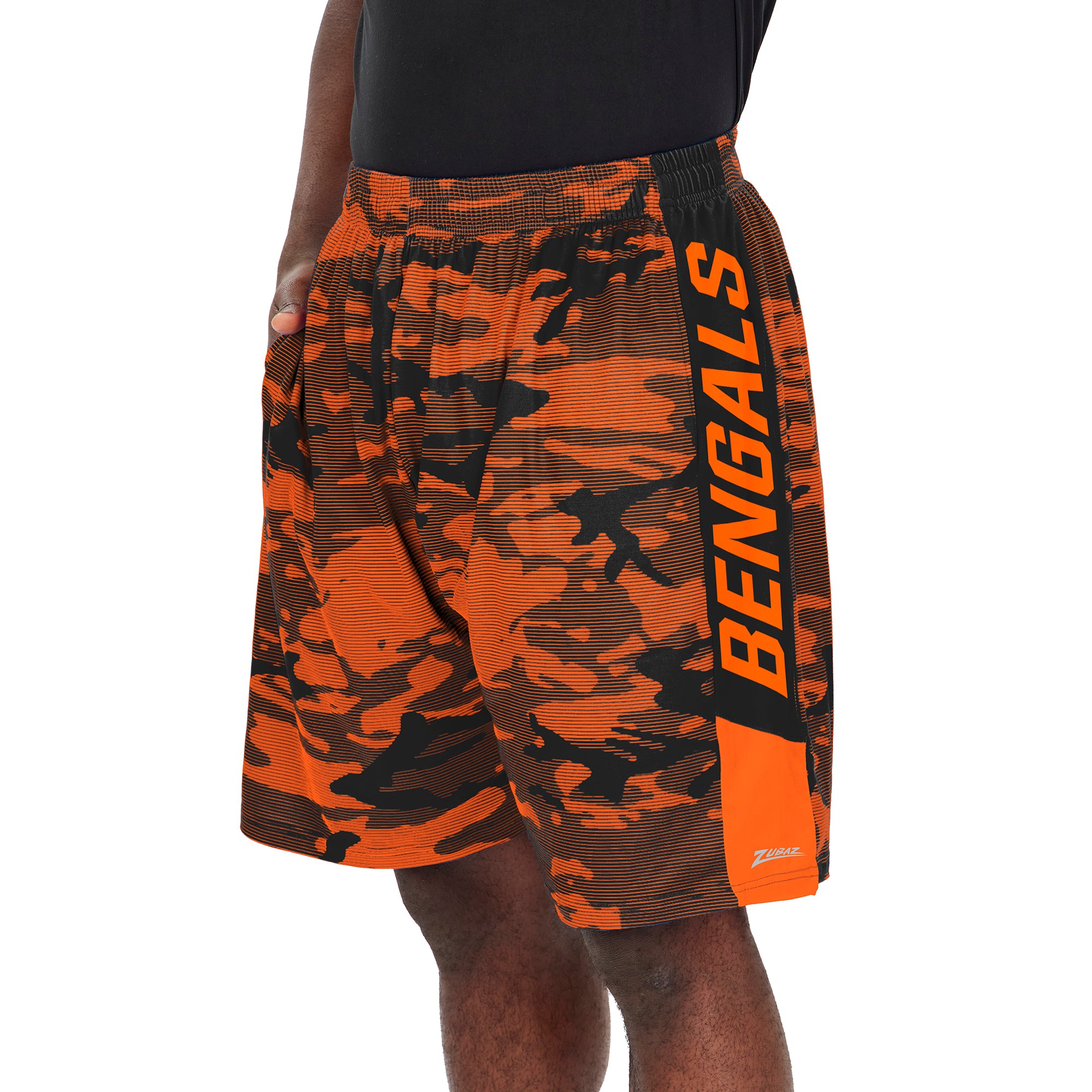 Zubaz NFL Men's CINCINNATI BENGALS BLACK/ORANGE CAMO LINES SHORT W/ SOLID SIDE PANELS Large