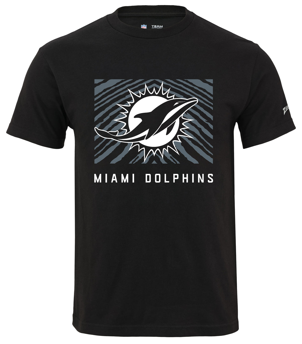 Zubaz NFL Unisex Cotton Heavyweight Short Sleeve T-shirt Black With Grey Tonal Zebra Square Logo for Men and Women, Miami Dol