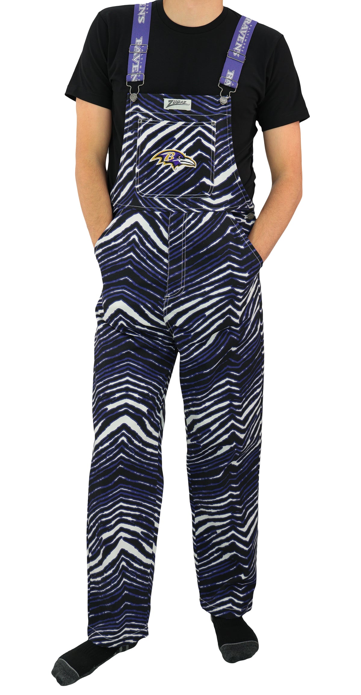 Zubaz NFL Unisex Zebra Lined Bib Overalls for Adult Men and Women, Baltimore Ravens - Official NFL Ravens Zubaz Apparel (1 of