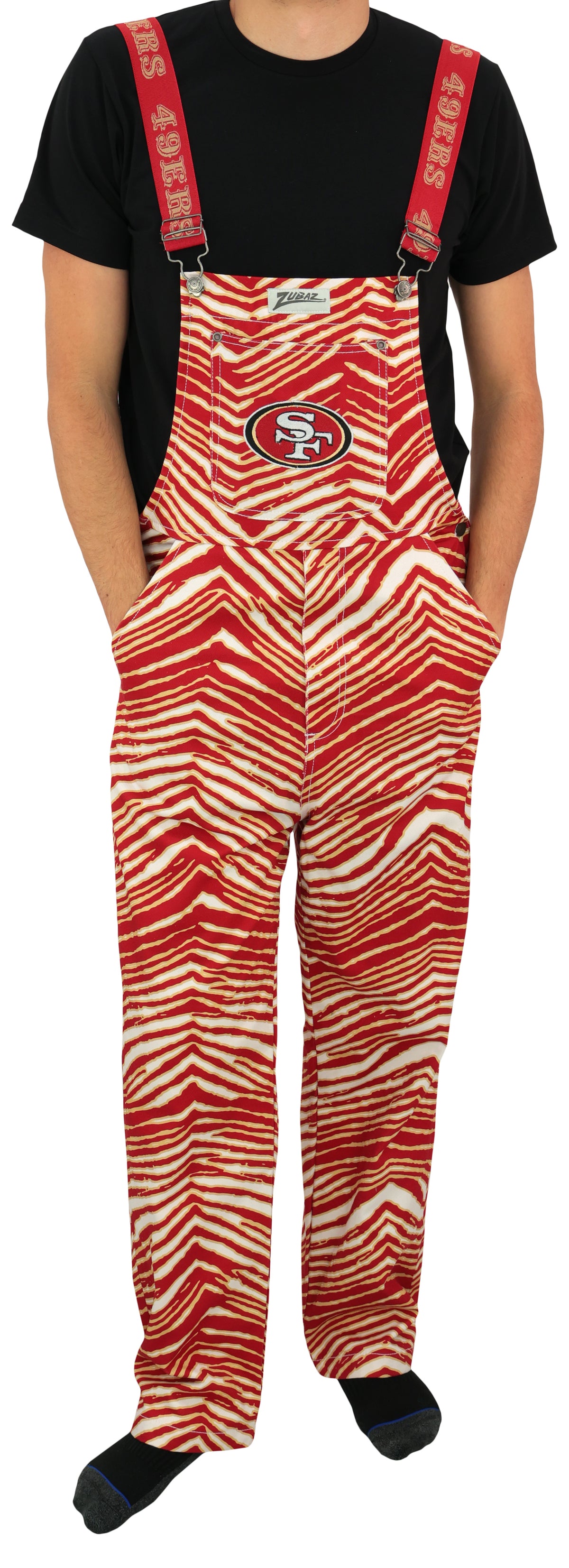 Zubaz NFL Unisex Zebra Lined Bib Overalls for Adult Men and Women, San Francisco 49ers - Official NFL 49ers Zubaz Apparel (1