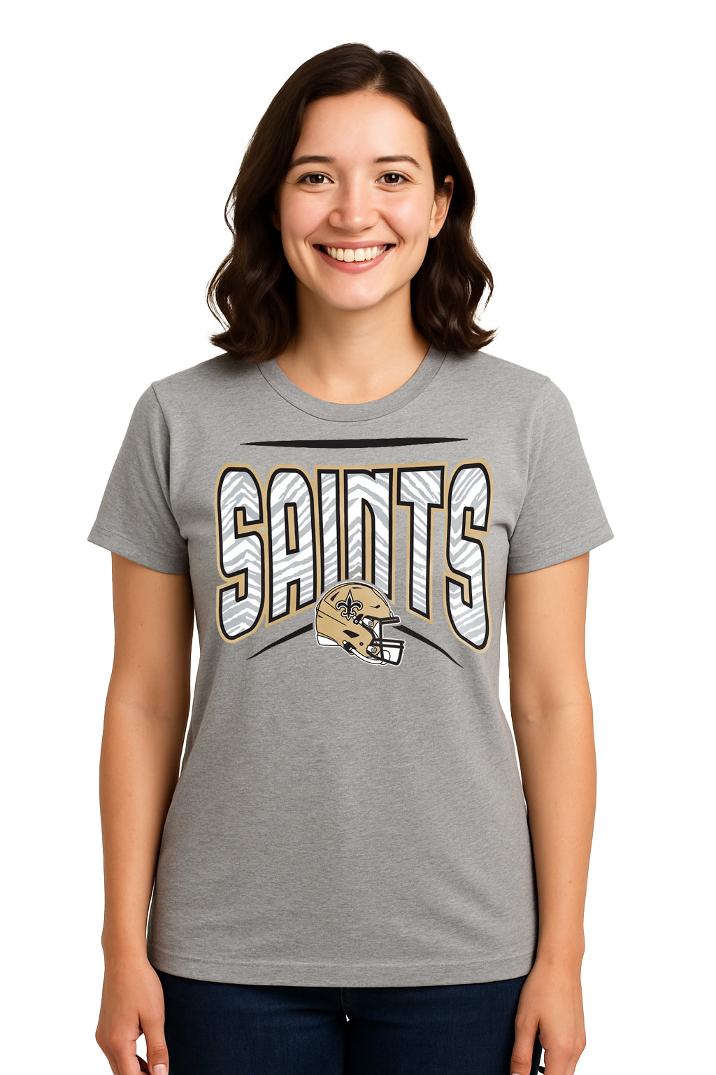 Zubaz NFL Women's Quarterback Heather Gray Color Short Sleeve T-Shirt, New Orleans Saints - Official NFL Saints Zubaz Apparel