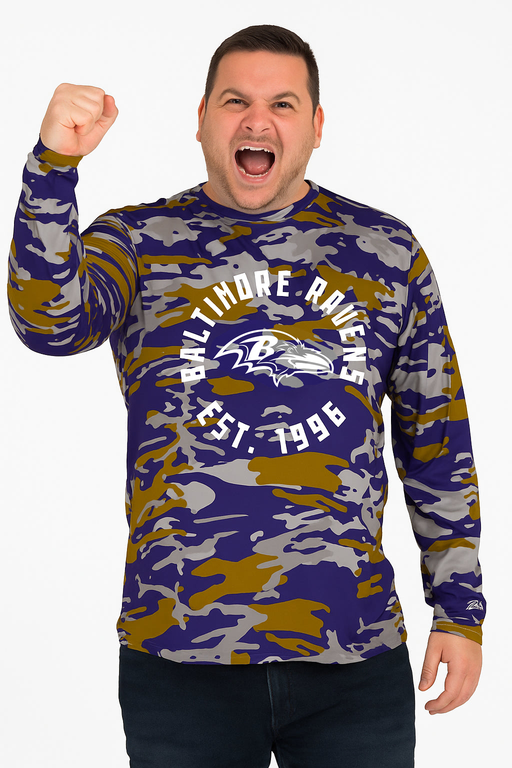 Zubaz NFL Men's Camo Alternate Color with White Circle Logo Long Sleeve T-Shirt, Baltimore Ravens