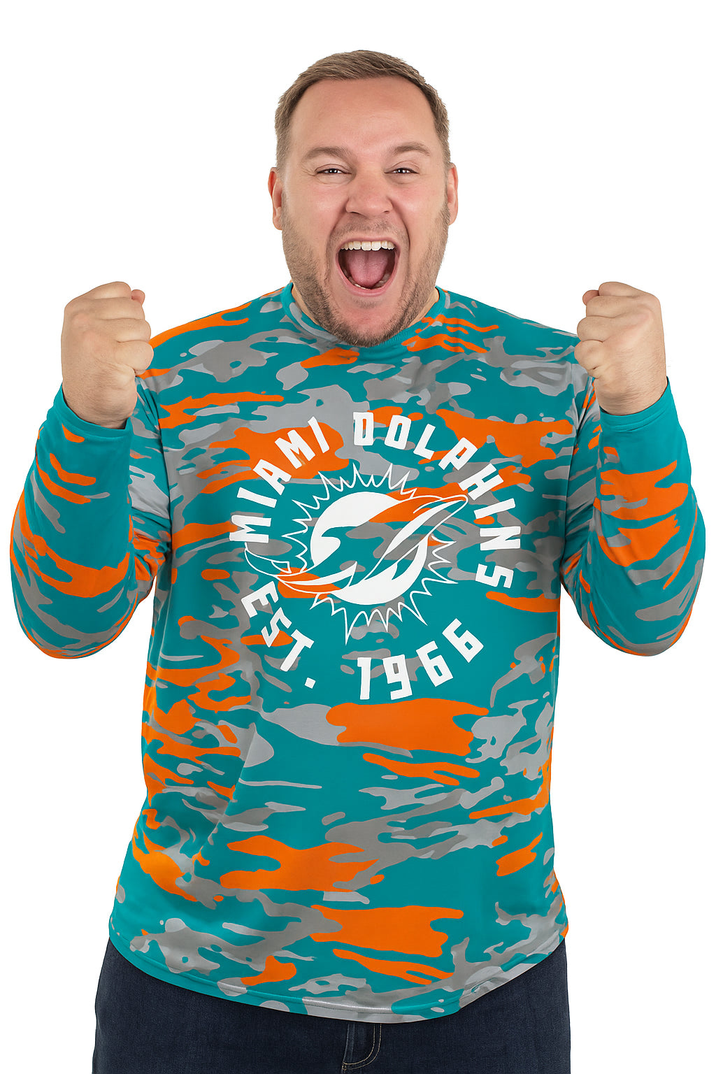 Zubaz NFL Men's Camo Alternate Color with White Circle Logo Long Sleeve T-Shirt, Miami Dolphins