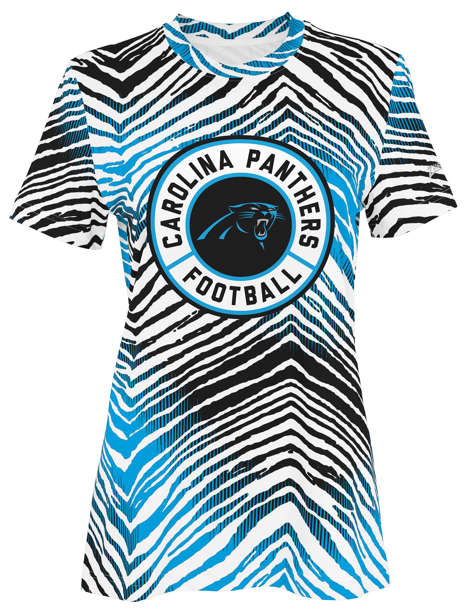 Zubaz NFL Women's Zebra 2 Team Color Circle Logo Short Sleeve T-Shirt, Carolina Panthers