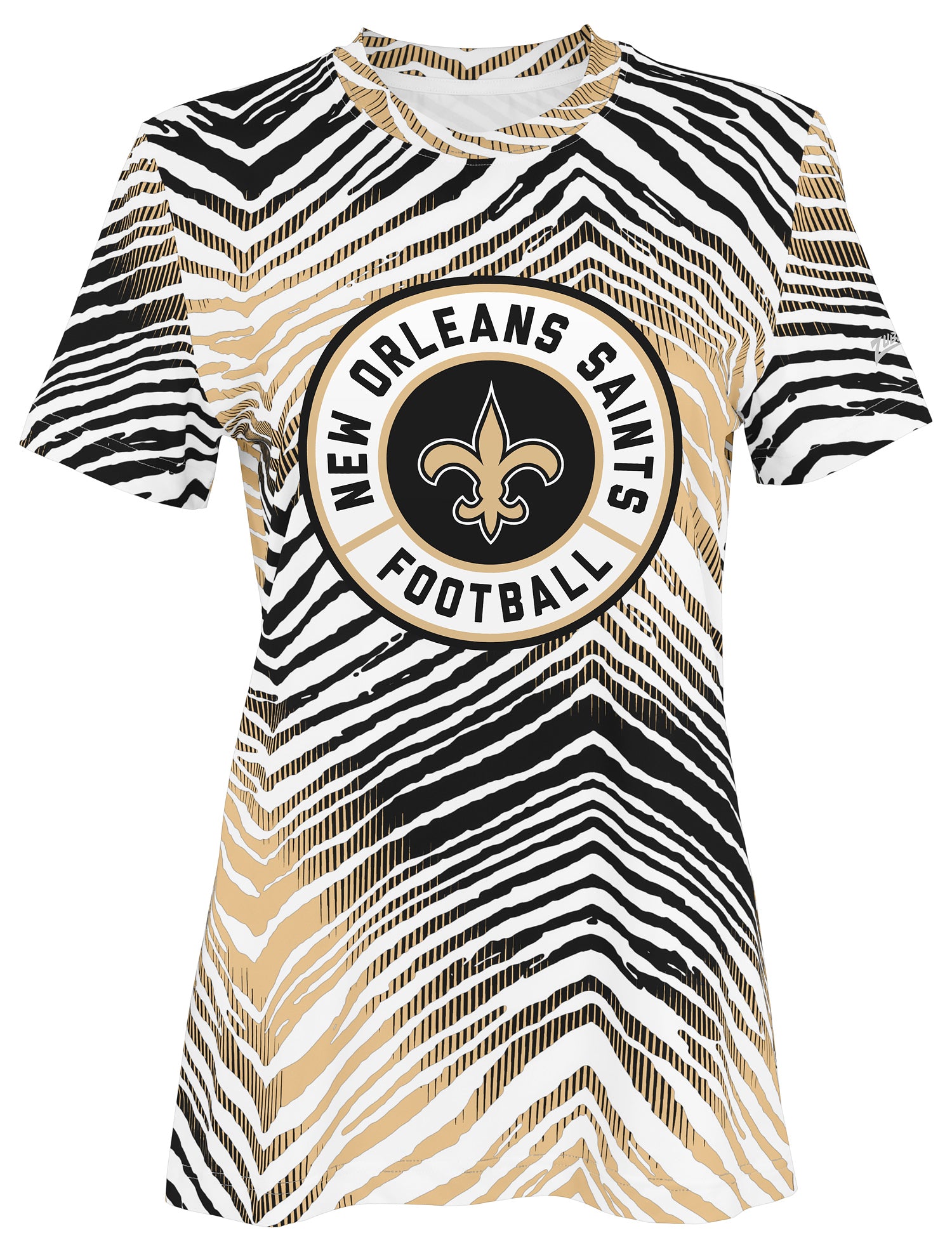 Zubaz NFL Women's Zebra 2 Team Color Circle Logo Short Sleeve T-Shirt, New Orleans Saints