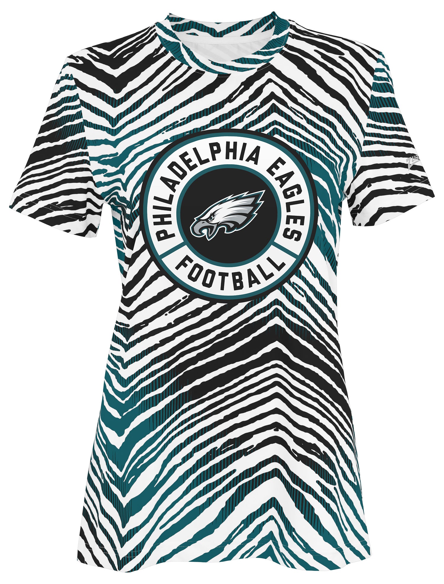 Zubaz NFL Women's Zebra 2 Team Color Circle Logo Short Sleeve T-Shirt, Philadelphia Eagles