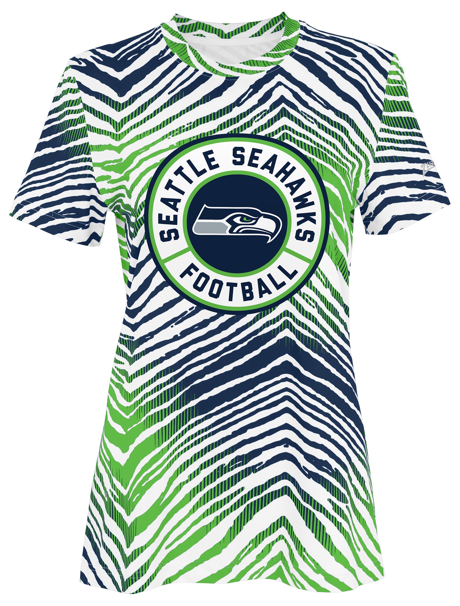 Zubaz NFL Women's Zebra 2 Team Color Circle Logo Short Sleeve T-Shirt, Seattle Seahawks