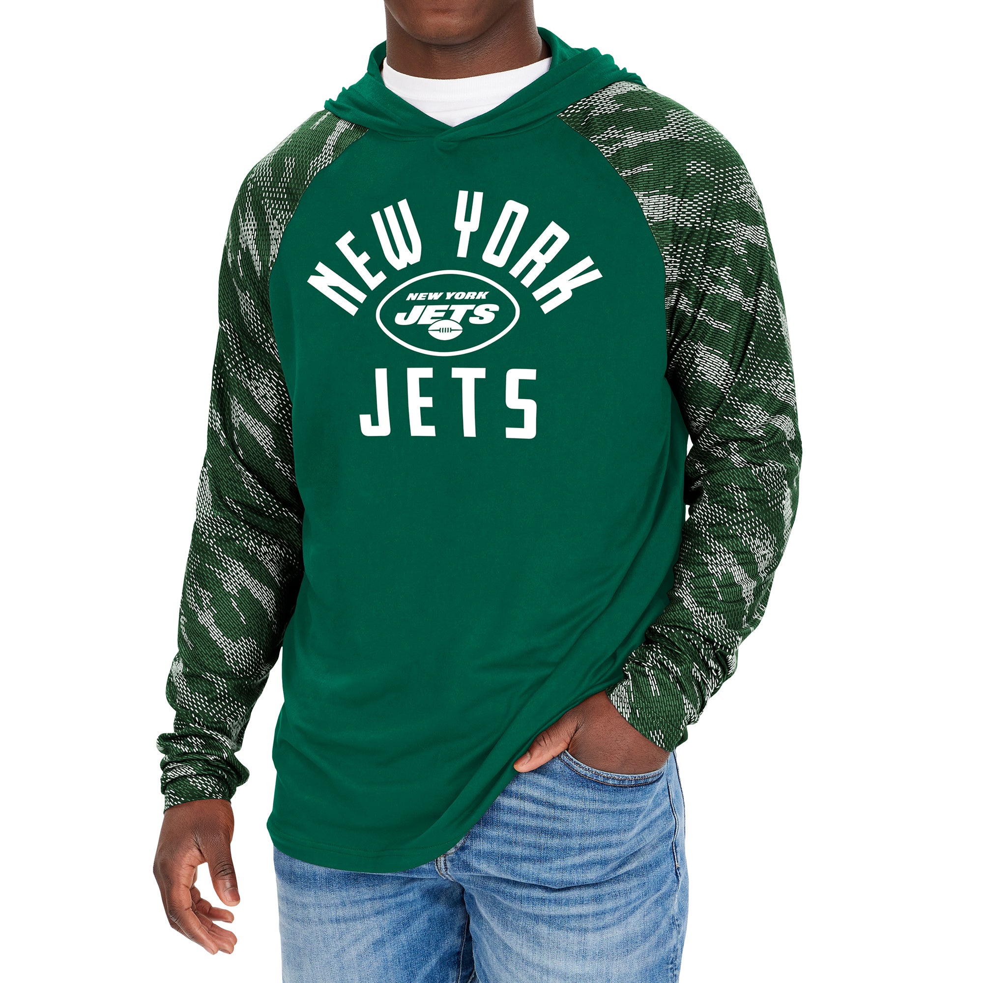 Zubaz NFL Men's NEW YORK JETS SOLID EVERGREEN LW HOOD W/ EVERGREEN/WHITE VIPER PRINT SLEEVES Medium