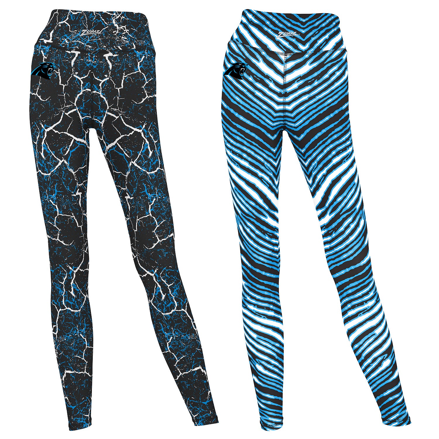 Zubaz NFL Women's 2 Pack Zebra 2 Color And Marble Leggings with Pimary Logo, Carolina Panthers