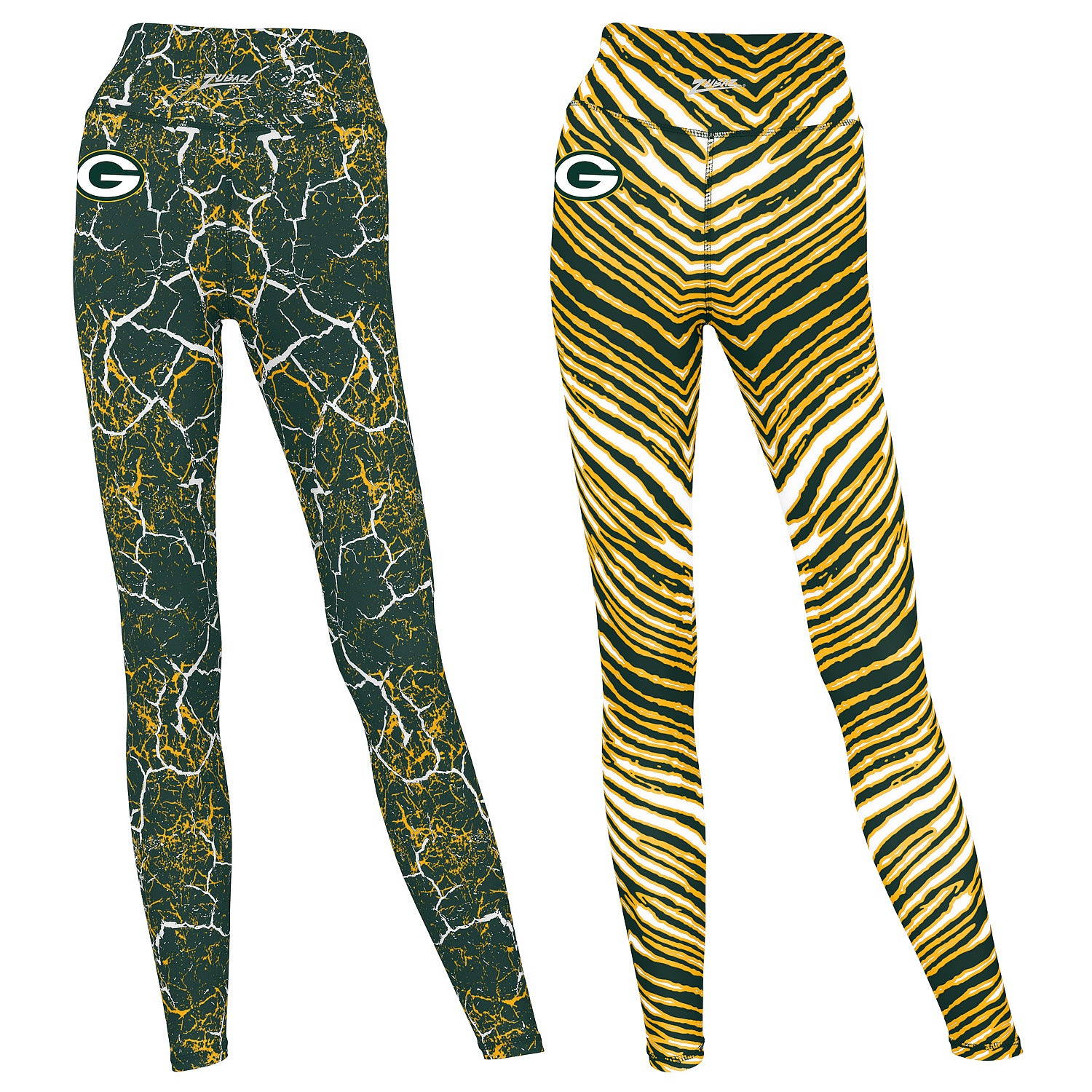 Zubaz NFL Women's 2 Pack Zebra 2 Color And Marble Leggings with Pimary Logo, Green Bay Packers