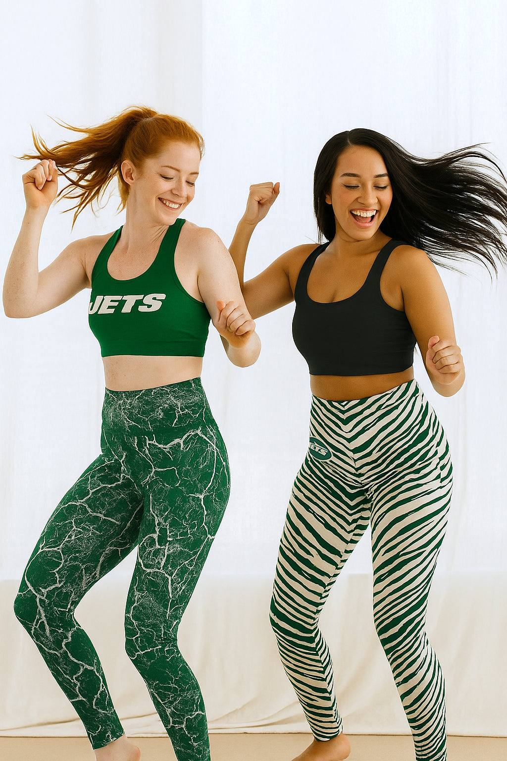 Zubaz NFL Women's 2 Pack Zebra 2 Color And Marble Leggings with Pimary Logo, New York Jets - Official NFL Jets Zubaz Apparel