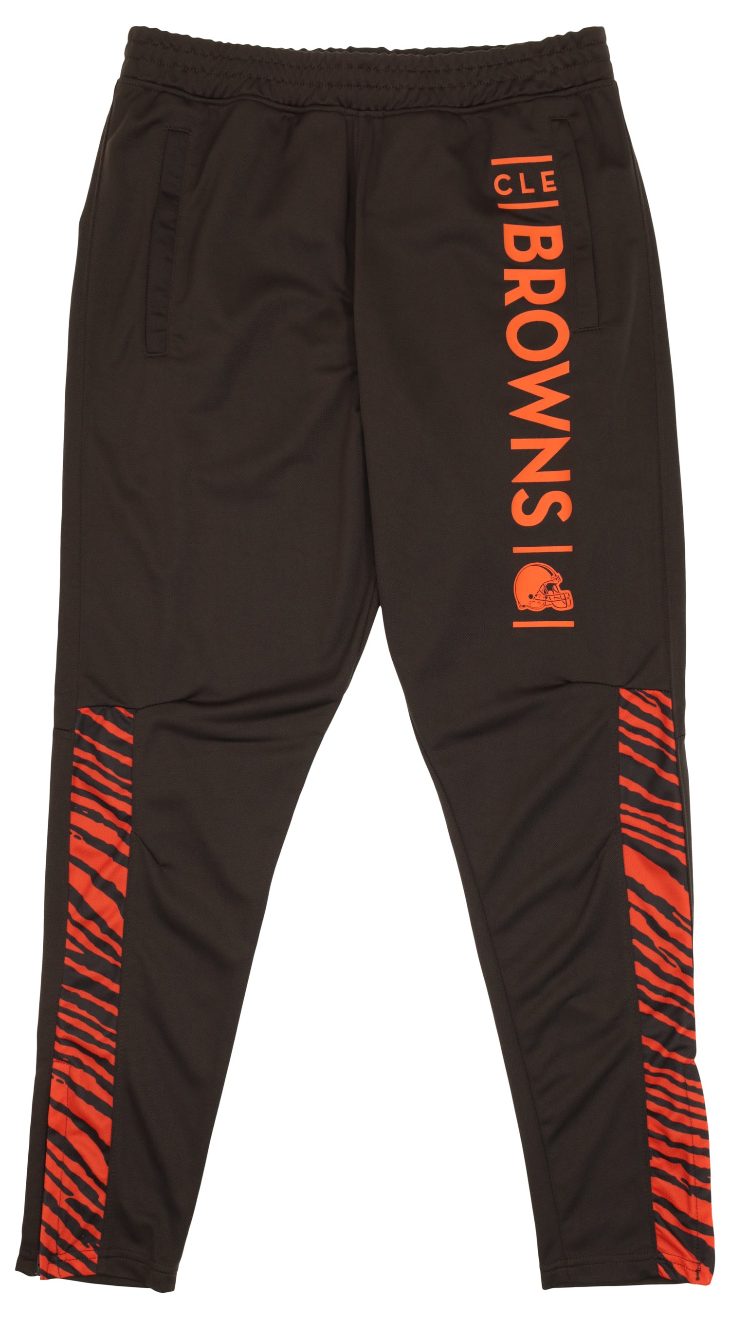 Zubaz NFL Mens Cleveland Browns Brown Track Pants w/ Brown/Fire Orange 2-Color Zebra Lower Panels