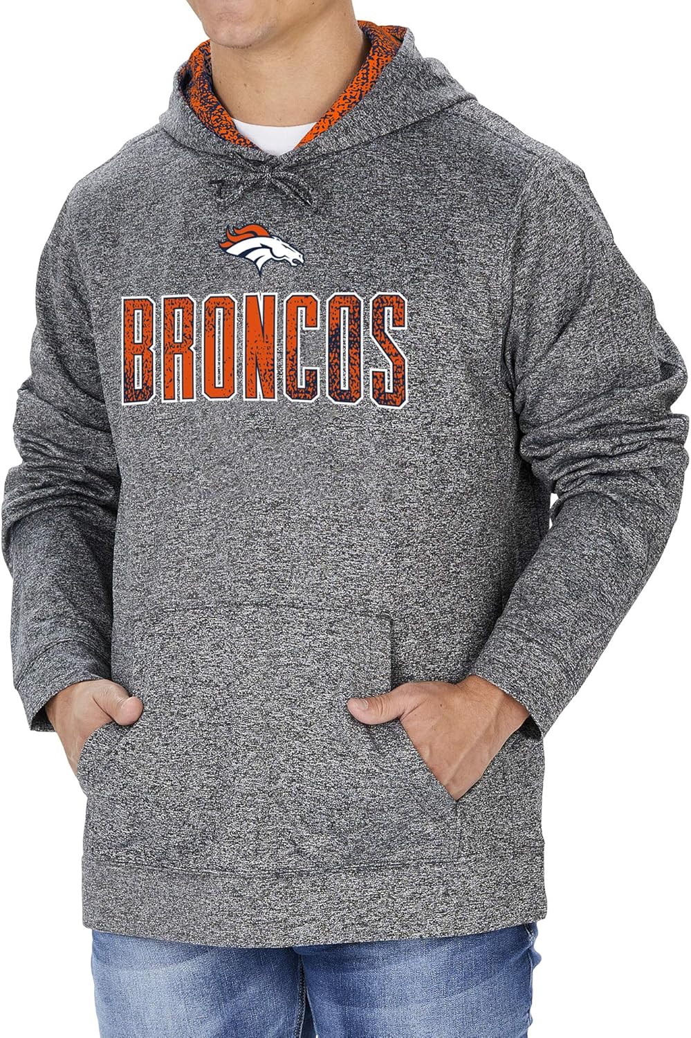 Zubaz NFL Mens Denver Broncos Heather Gray Hood w/ TC Static Hood Liner & Graphic - Official NFL Broncos Zubaz Apparel (1 of