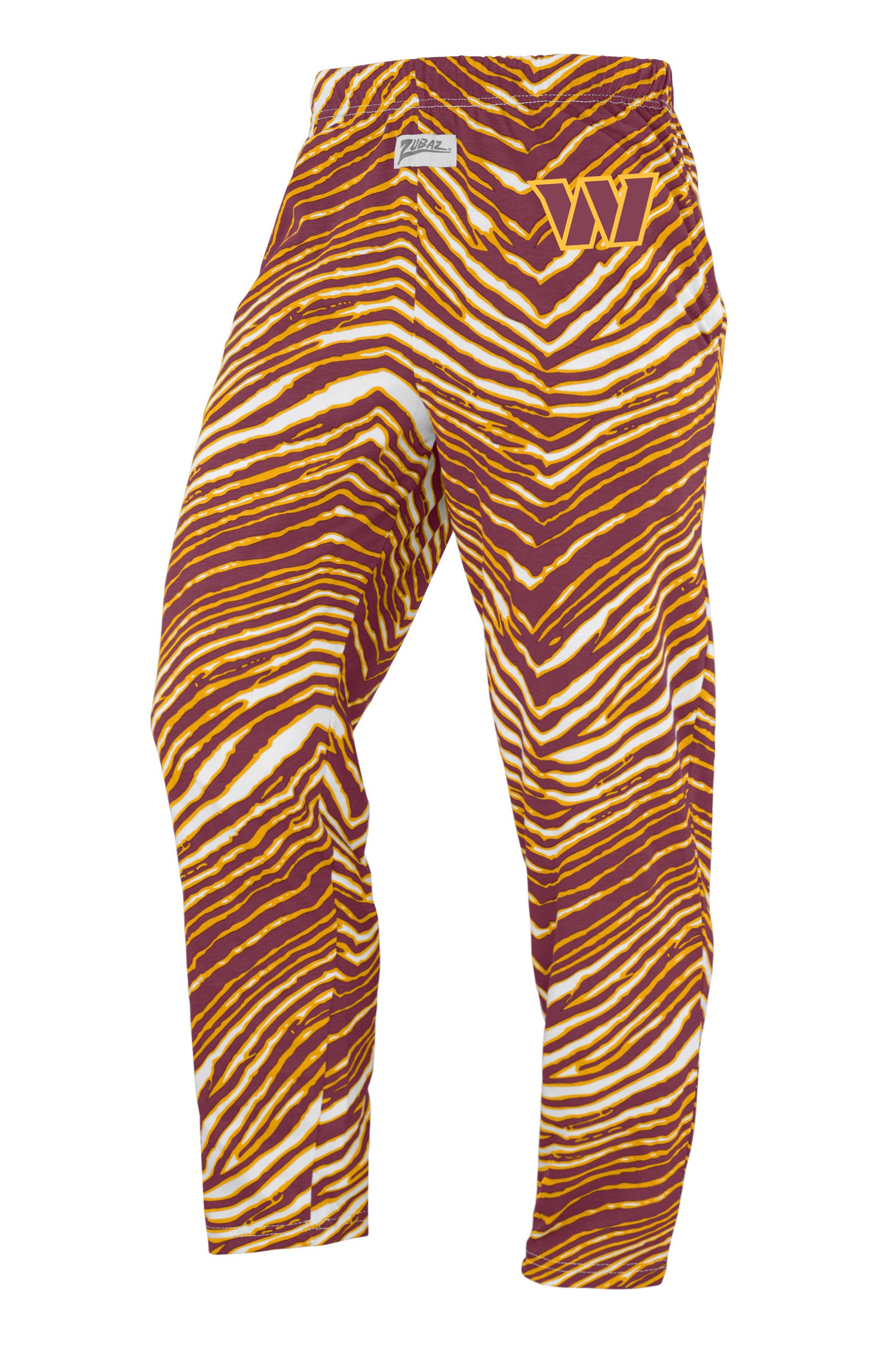 Zubaz NFL Mens Washington Commanders Maroon/Gold Zebra Pants Left Hip Logo