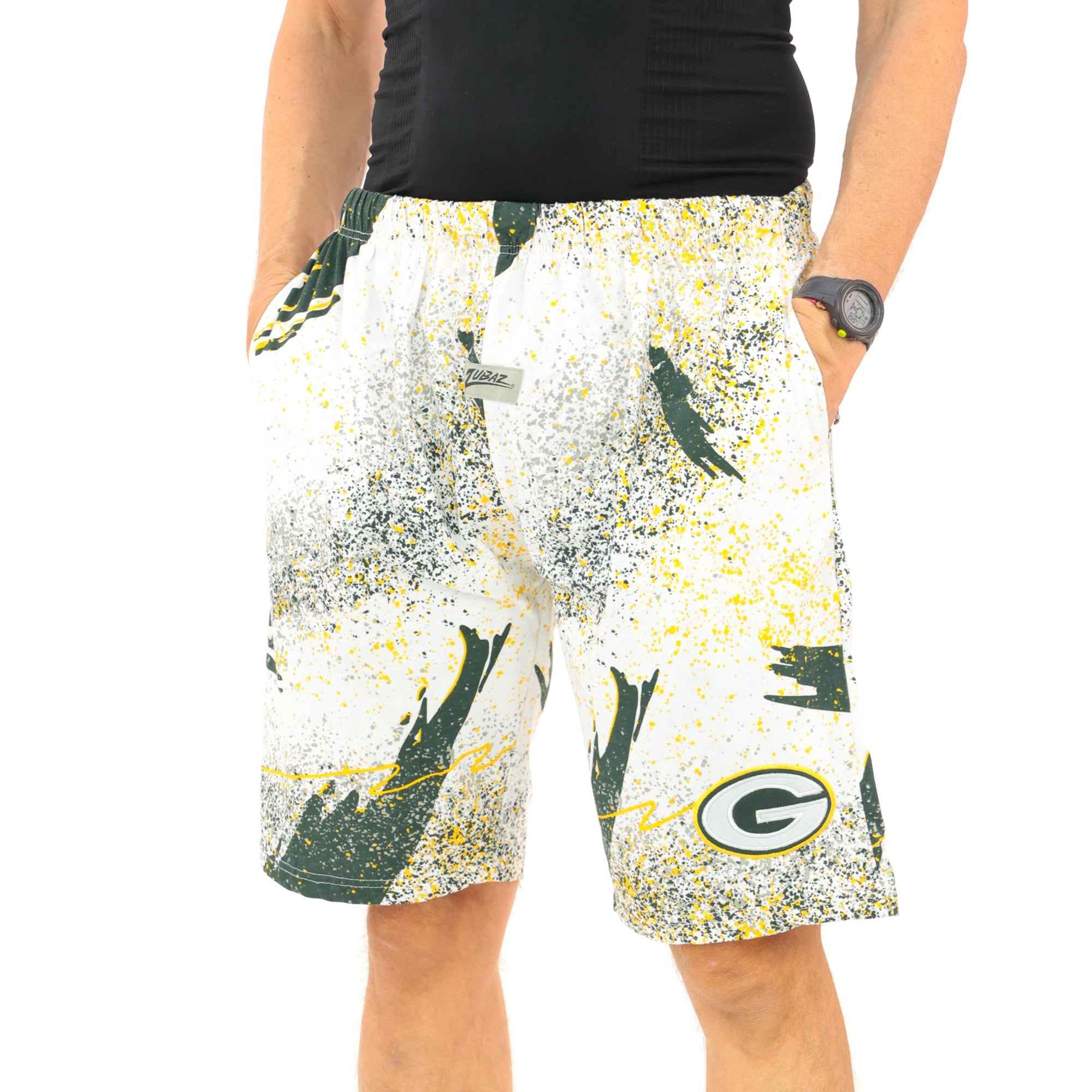 Zubaz NFL Adult Unisex Z88 Embroidered Confetti 3 Team Color Shorts, Green Bay Packers