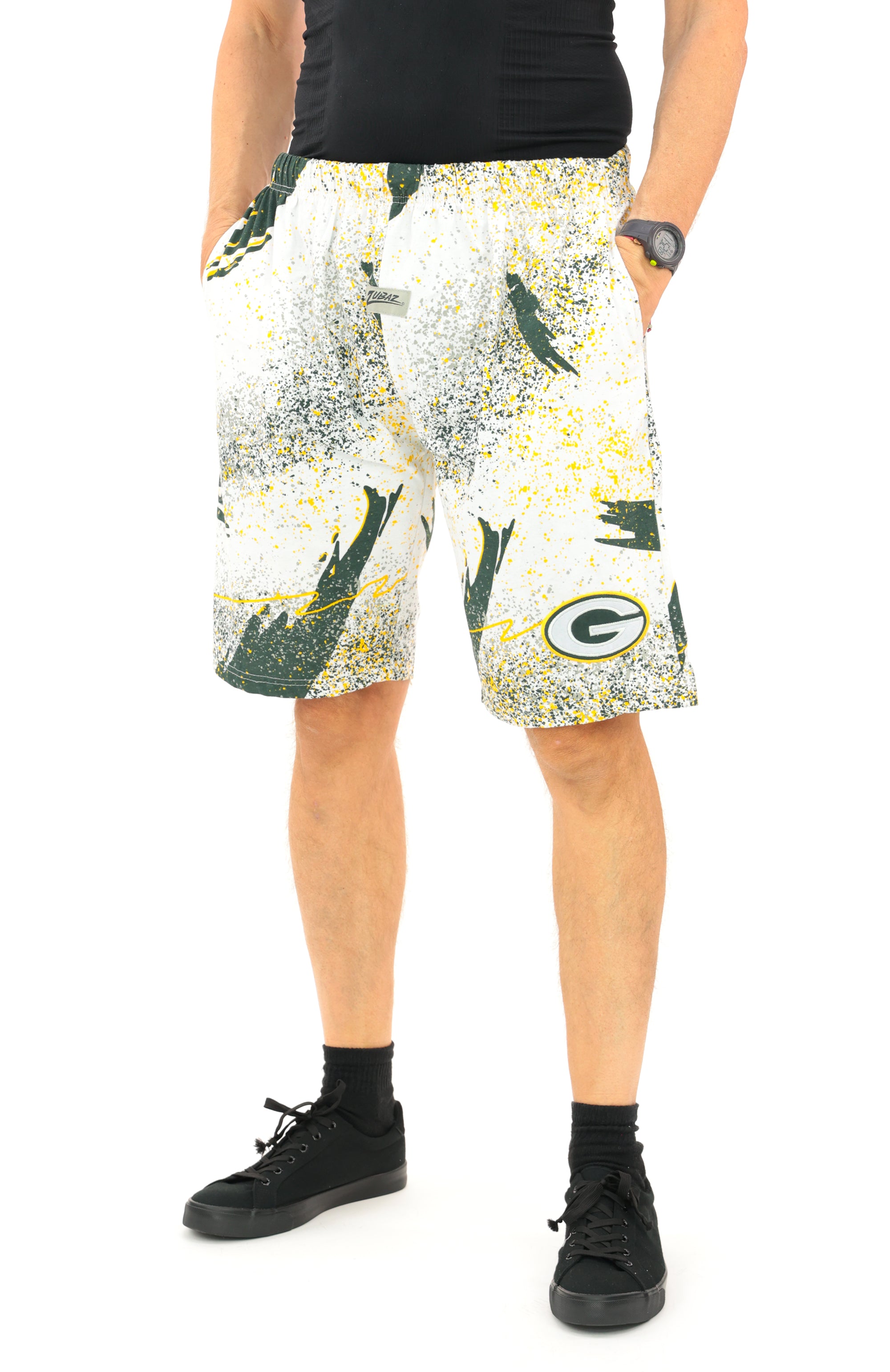Zubaz NFL Adult Unisex Z88 Embroidered Confetti 3 Team Color Shorts, Green Bay Packers