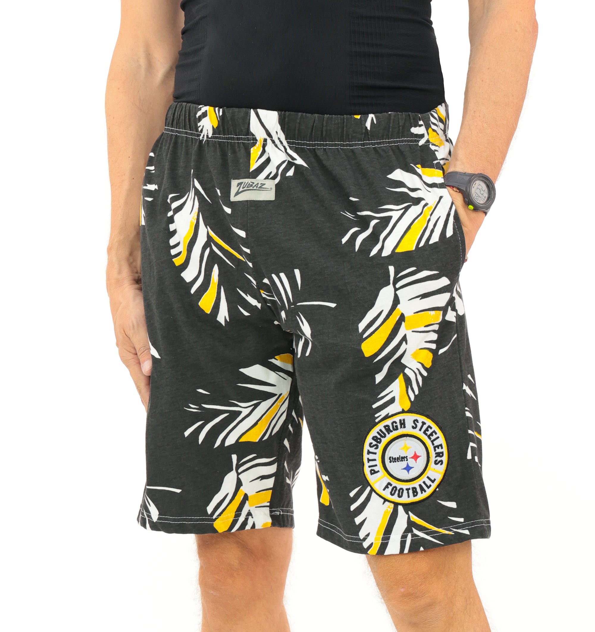 Zubaz NFL Adult Unisex Z88 Embroidered Leaf 3 Team Color Shorts, Pittsburgh Steelers