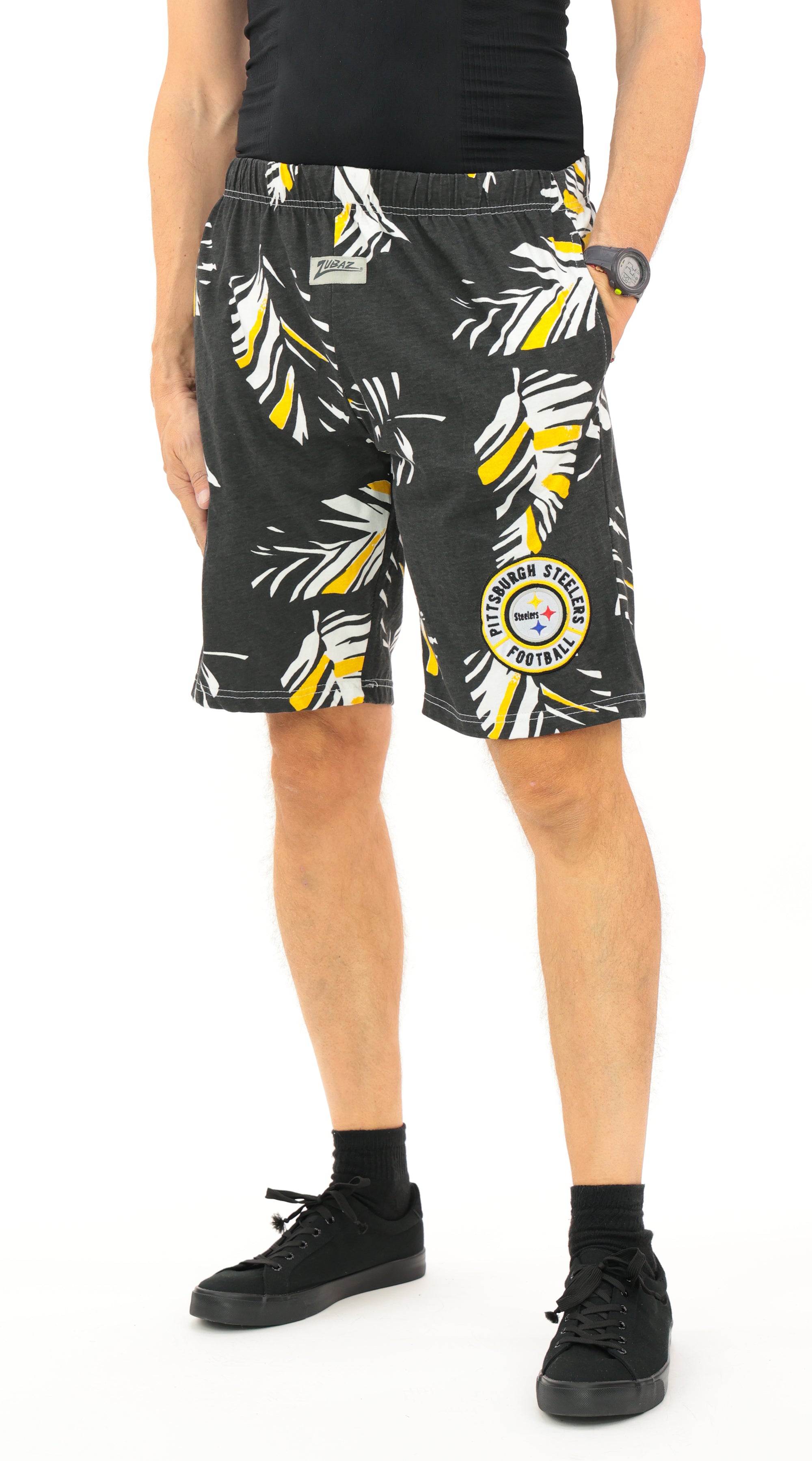 Zubaz NFL Adult Unisex Z88 Embroidered Leaf 3 Team Color Shorts, Pittsburgh Steelers