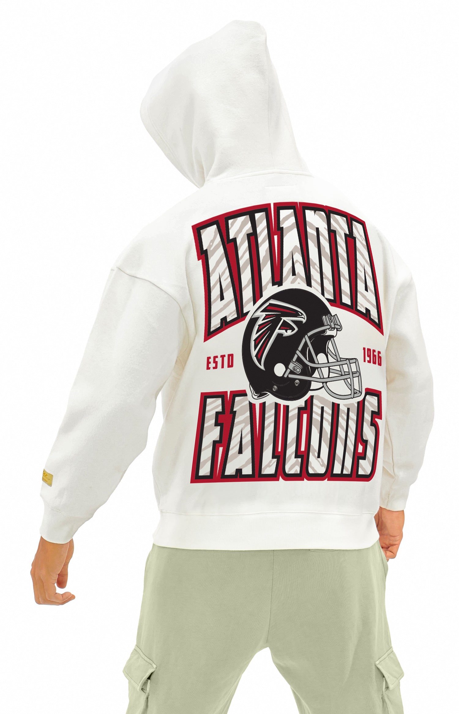 Zubaz NFL UNISEX 90s Helmet Drop Shoulder Hoodies-Off White, ATLANTA FALCONS