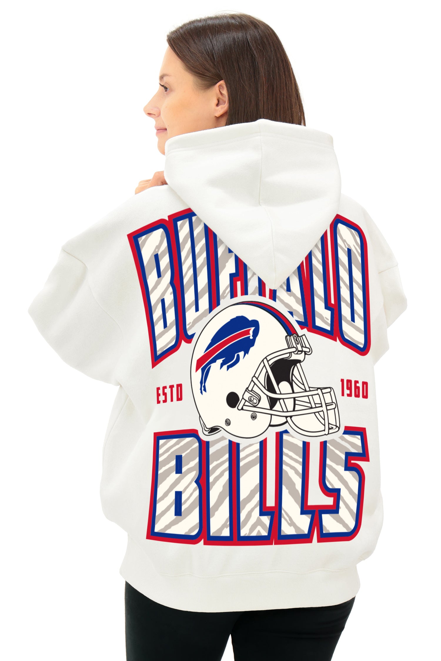 Zubaz NFL UNISEX 90s Helmet Drop Shoulder Hoodies-Off White, BUFFALO BILLS