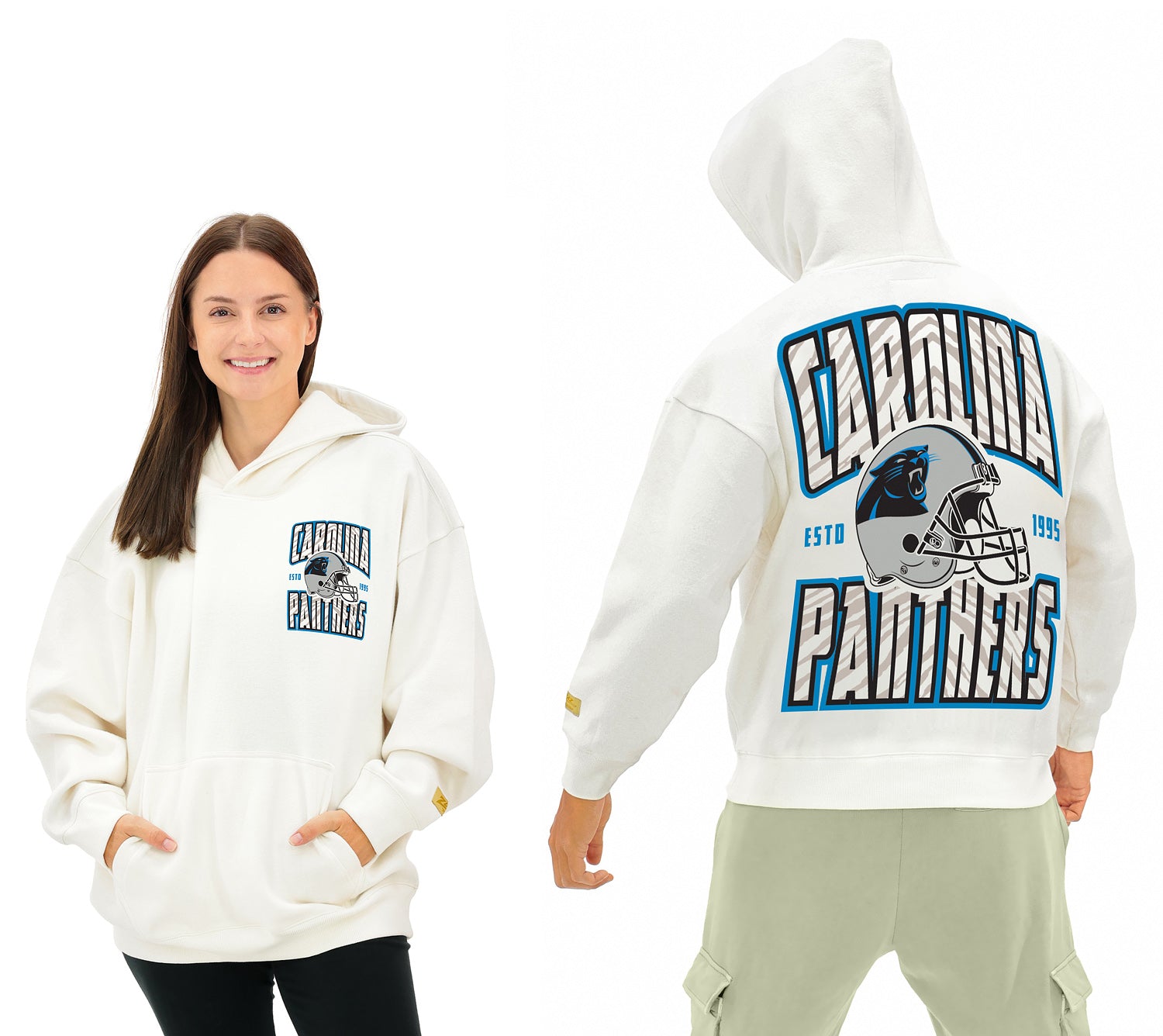 Zubaz NFL UNISEX 90s Helmet Drop Shoulder Hoodies-Off White, CAROLINA PANTHERS