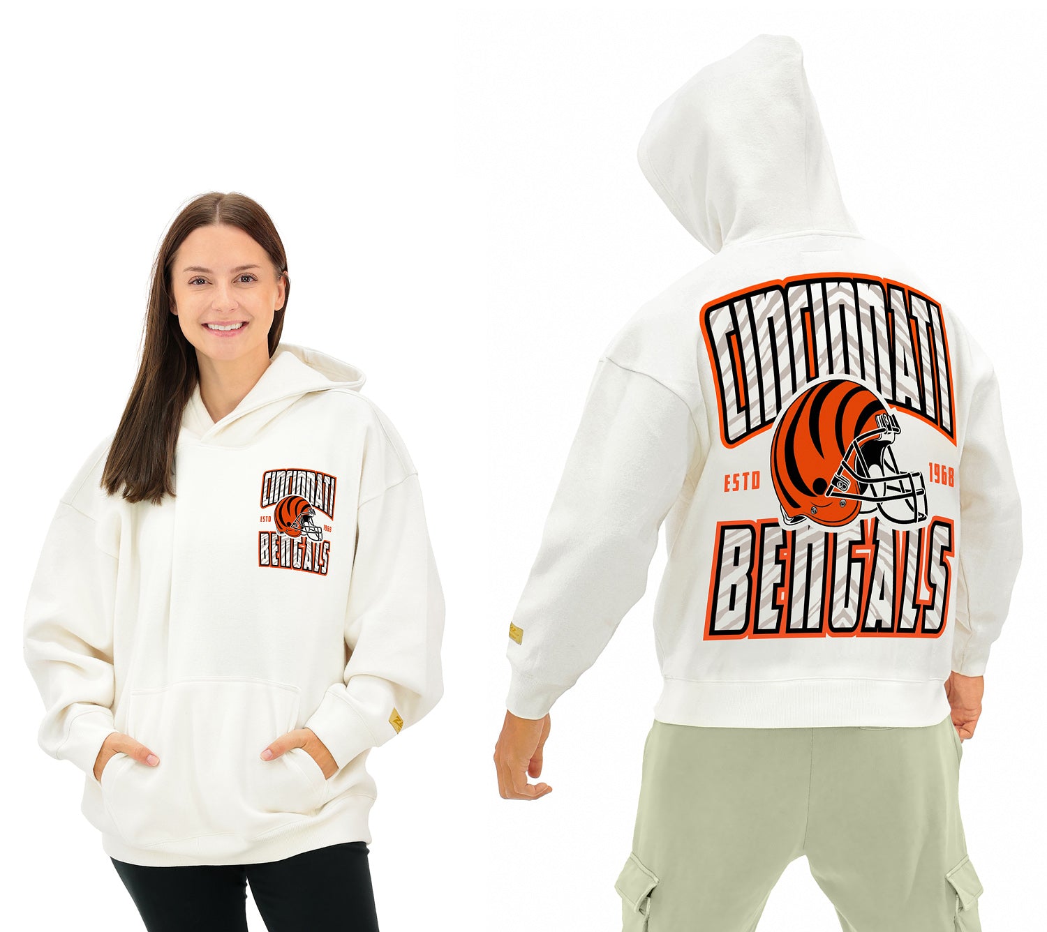 Zubaz NFL UNISEX 90s Helmet Drop Shoulder Hoodies-Off White, CINCINNATI BENGALS
