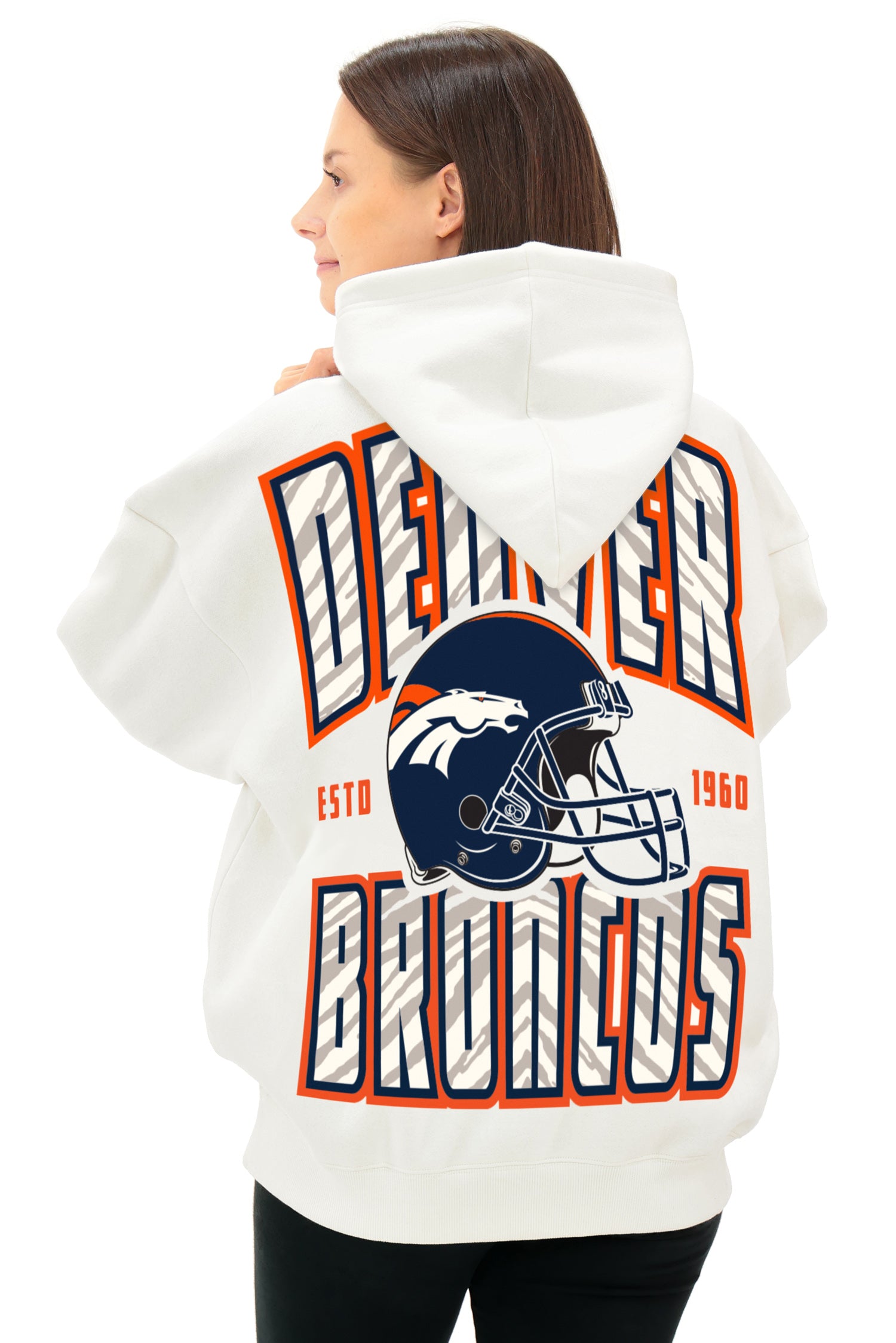 Zubaz NFL UNISEX 90s Helmet Drop Shoulder Hoodies-Off White, DENVER BRONCOS