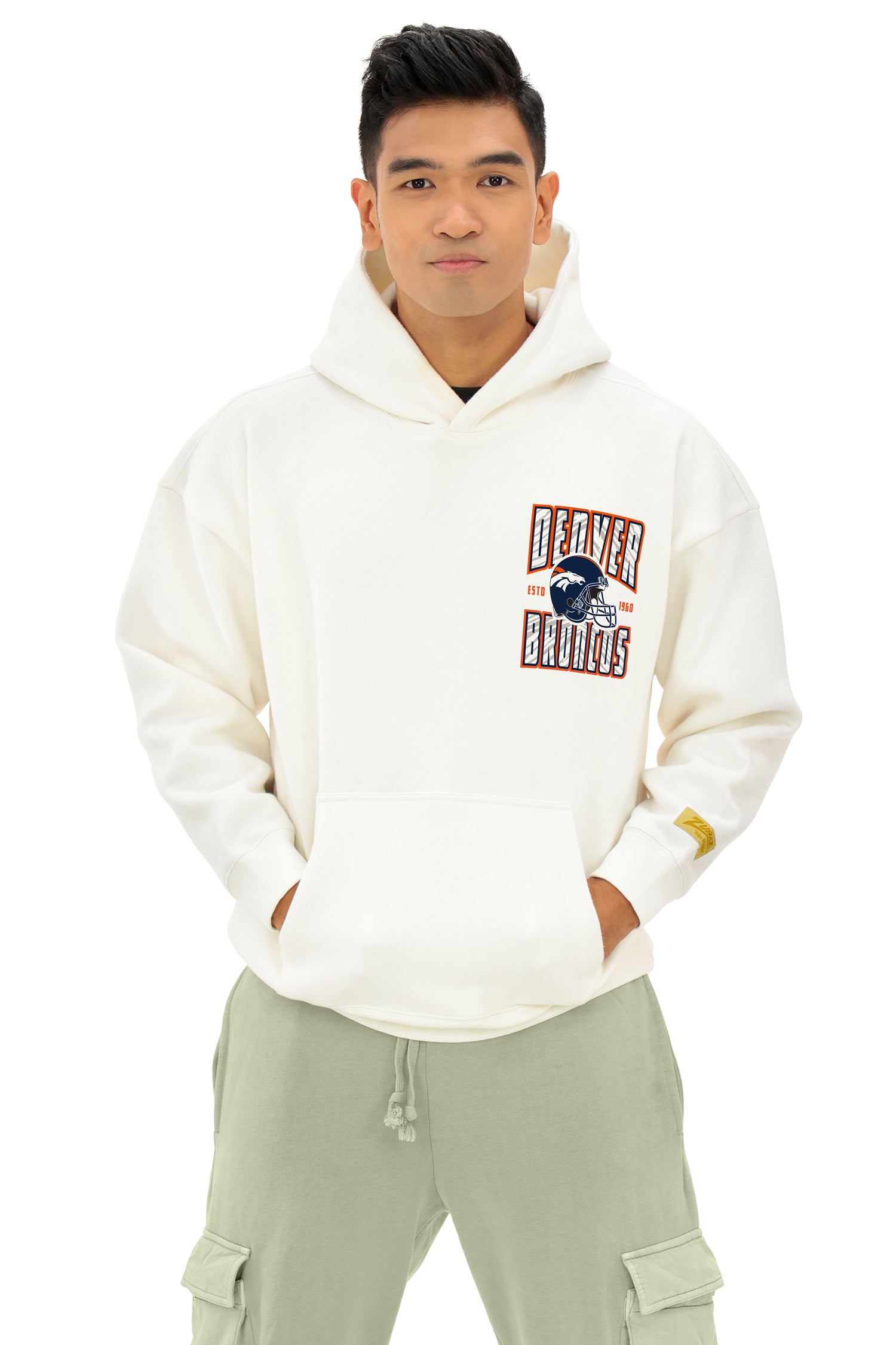 Zubaz NFL UNISEX 90s Helmet Drop Shoulder Hoodies-Off White, DENVER BRONCOS