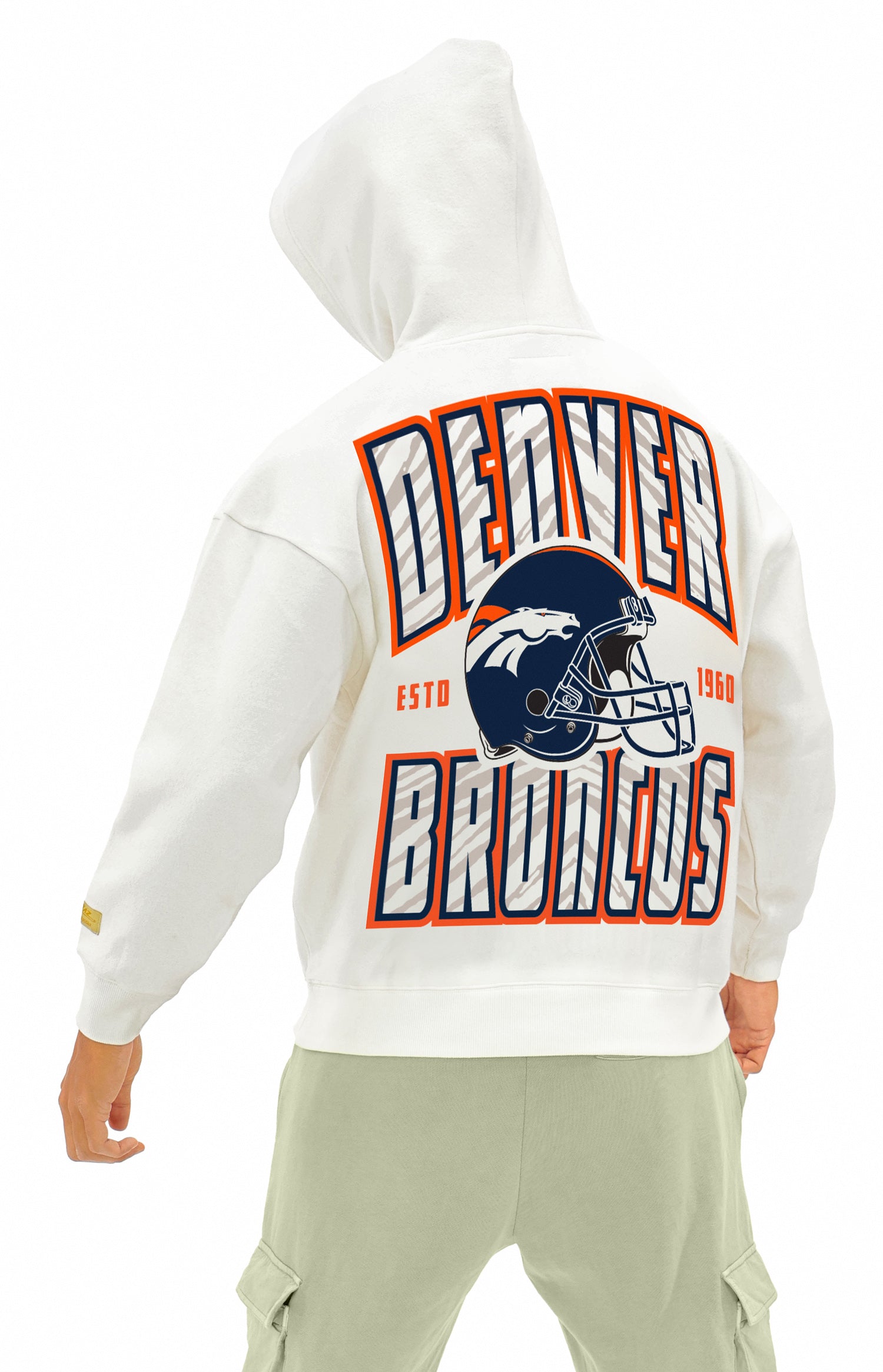 Zubaz NFL UNISEX 90s Helmet Drop Shoulder Hoodies-Off White, DENVER BRONCOS
