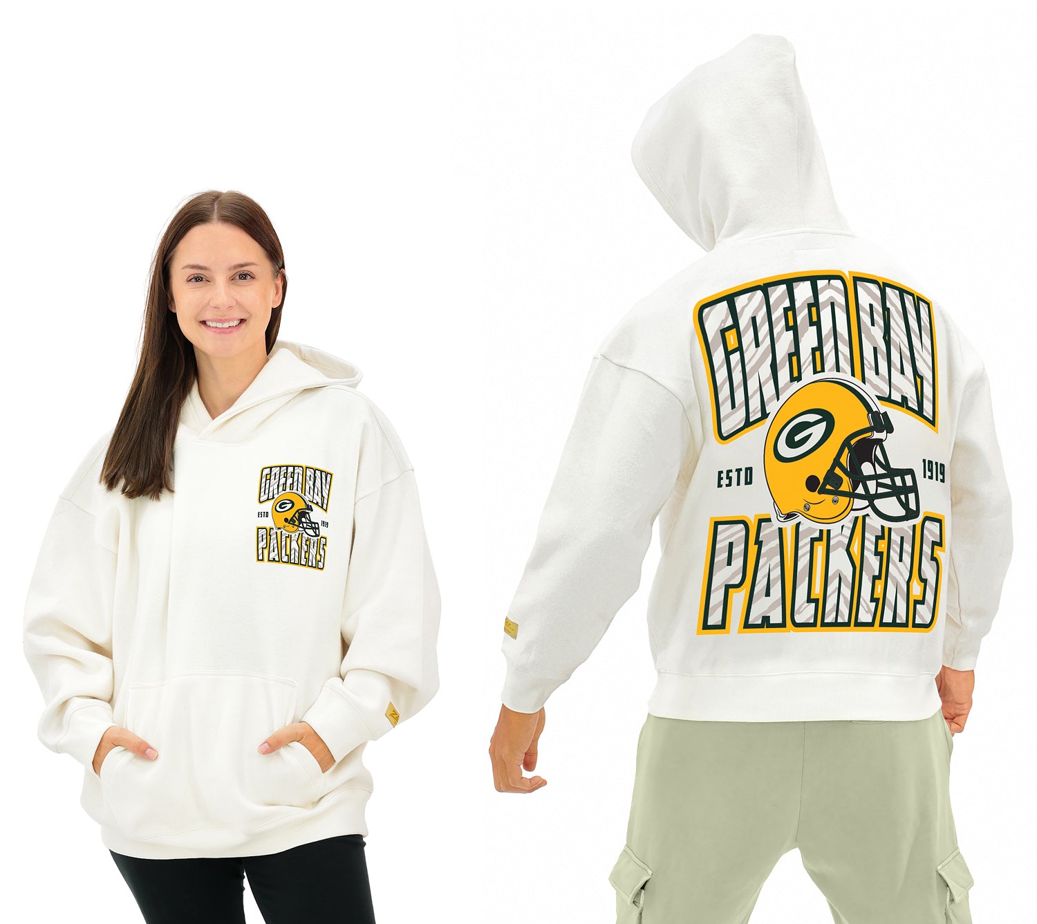 Zubaz NFL UNISEX 90s Helmet Drop Shoulder Hoodies-Off White, GREEN BAY PACKERS