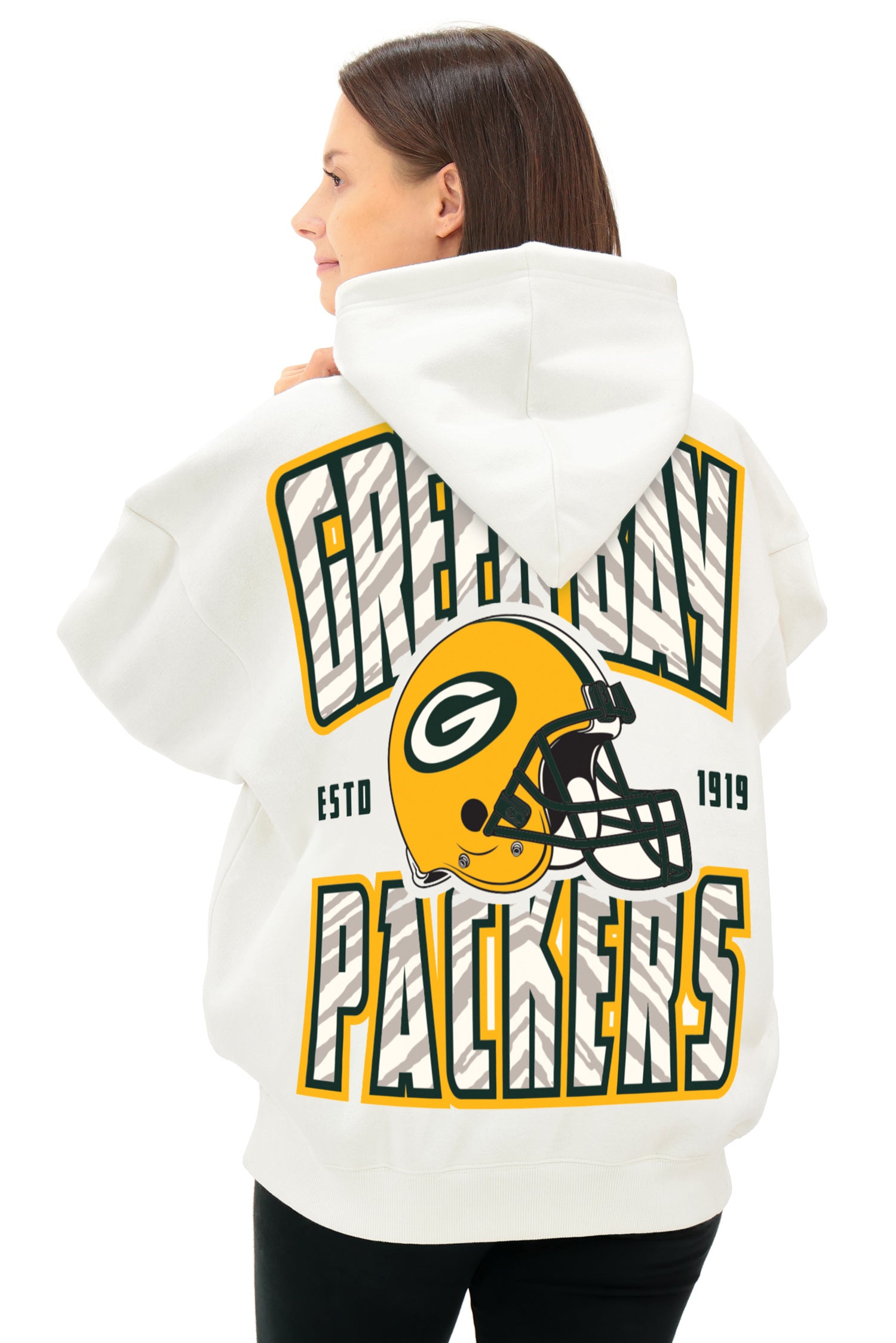 Zubaz NFL UNISEX 90s Helmet Drop Shoulder Hoodies-Off White, GREEN BAY PACKERS
