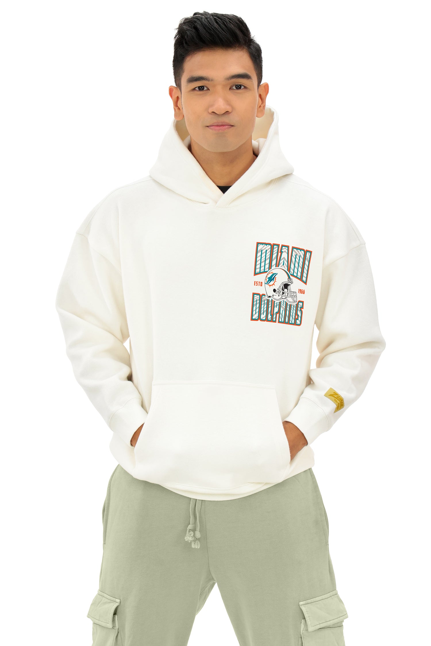 Zubaz NFL UNISEX 90s Helmet Drop Shoulder Hoodies-Off White, MIAMI DOLPHINS