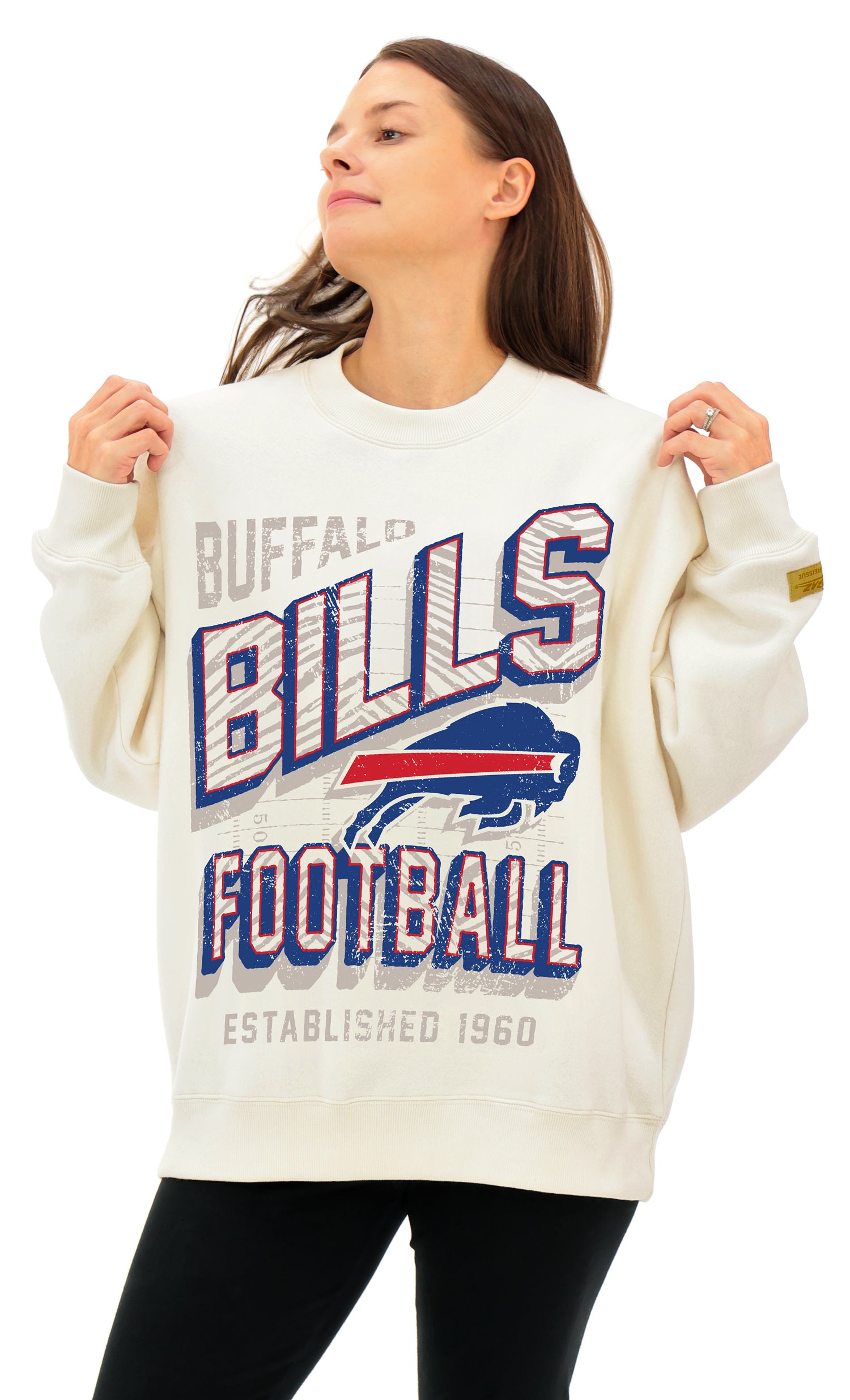 Zubaz NFL UNISEX 90s Vintage First Down Drop Shoulder Crewneck- Off White, BUFFALO BILLS