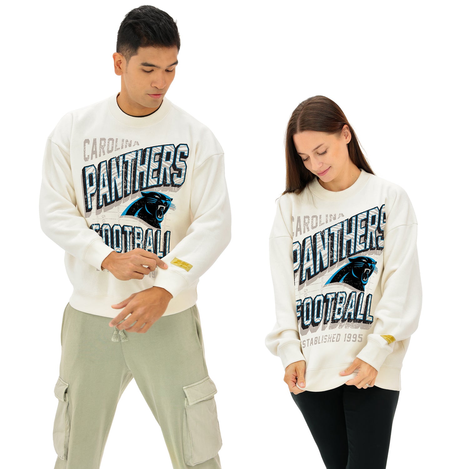 Zubaz NFL UNISEX 90s Vintage Shadow Drop Shoulder Crewneck- Off White, CAROLINA PANTHERS