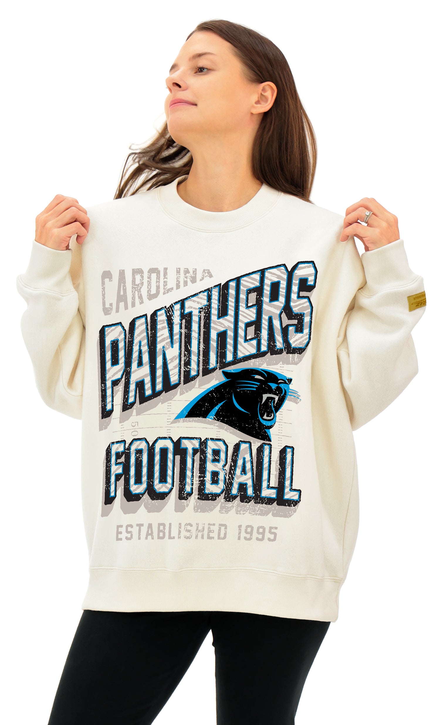 Zubaz NFL UNISEX 90s Vintage First Down Drop Shoulder Crewneck- Off White, CAROLINA PANTHERS - Official NFL Panthers Zubaz A