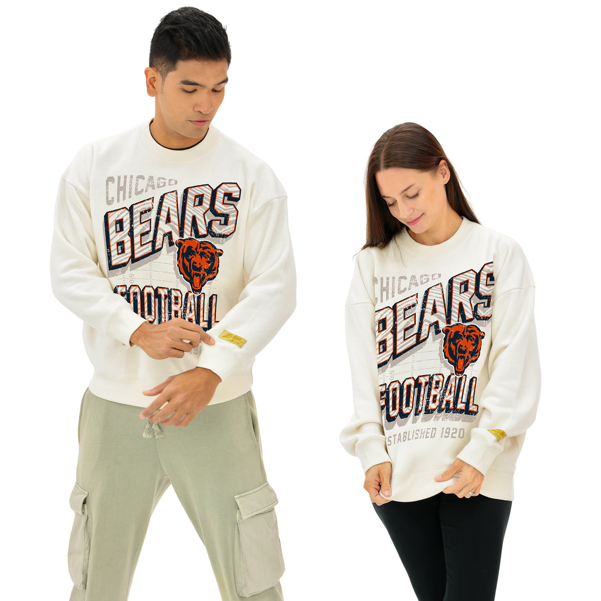 Zubaz NFL UNISEX 90s Vintage First Down Drop Shoulder Crewneck- Off White, CHICAGO BEARS - Official NFL Bears Zubaz Apparel
