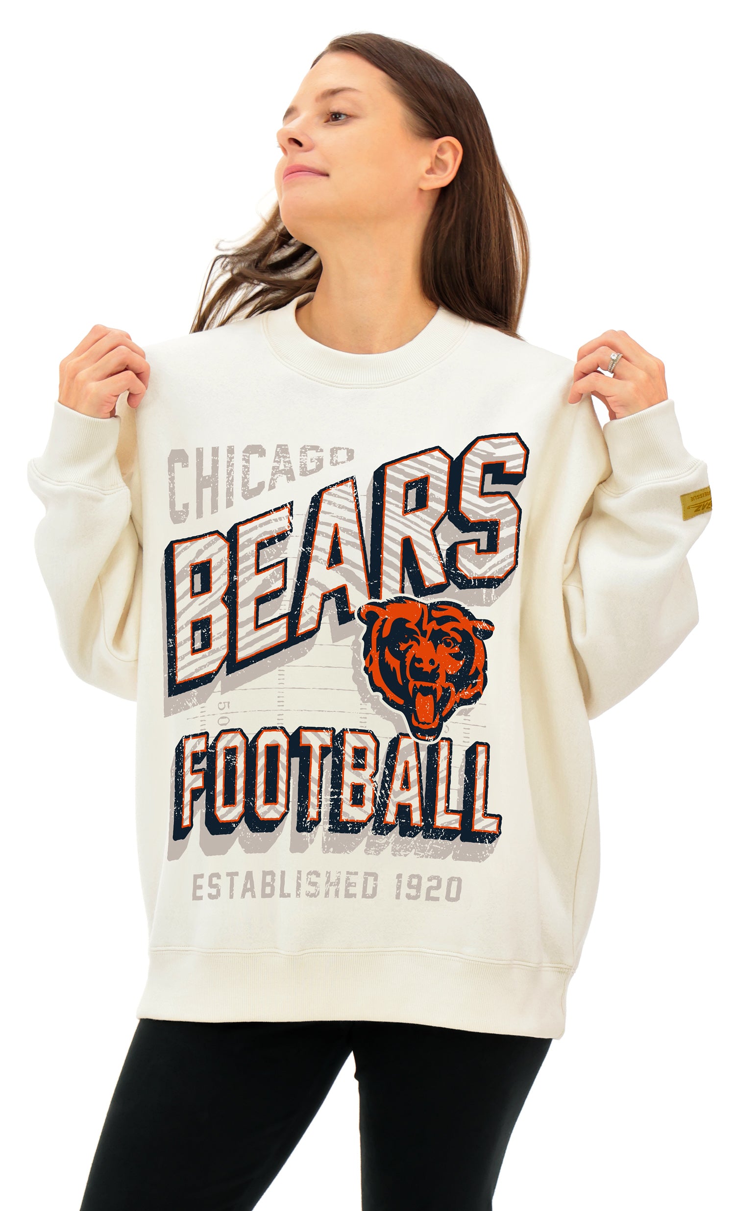 Zubaz NFL UNISEX 90s Vintage First Down Drop Shoulder Crewneck- Off White, CHICAGO BEARS - Official NFL Bears Zubaz Apparel