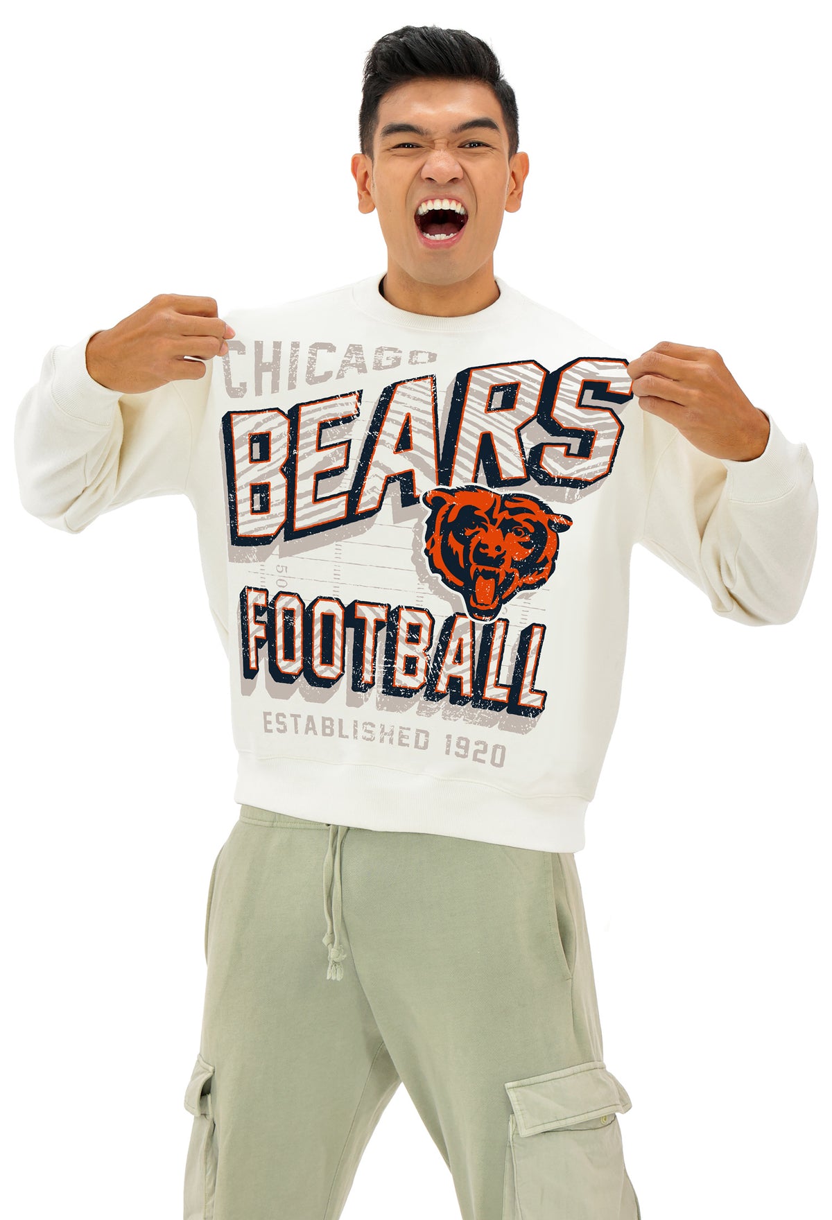 Zubaz NFL UNISEX 90s Vintage First Down Drop Shoulder Crewneck- Off White, CHICAGO BEARS - Official NFL Bears Zubaz Apparel