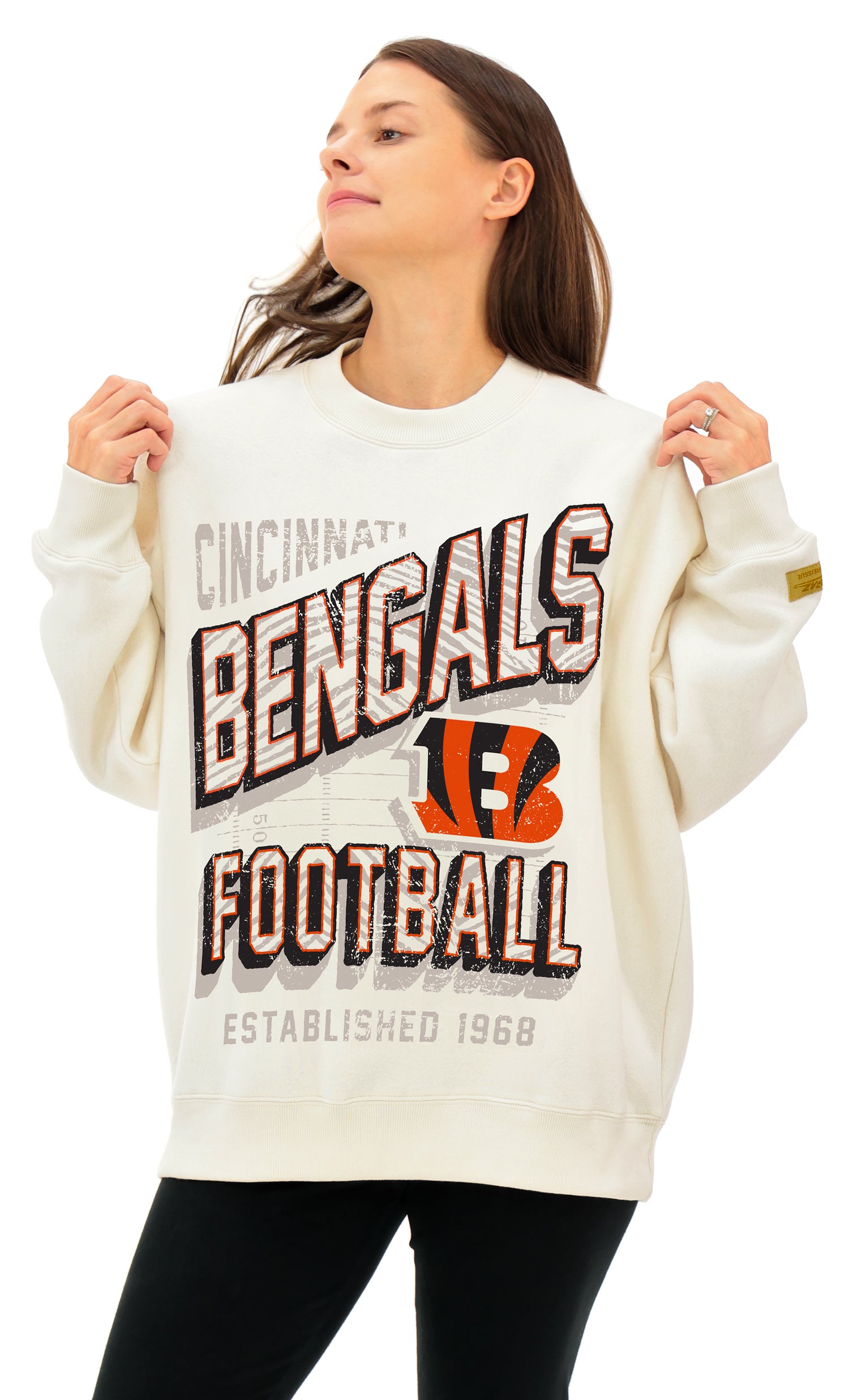 Zubaz NFL UNISEX 90s Vintage Shadow Drop Shoulder Crewneck- Off White, CINCINNATI BENGALS