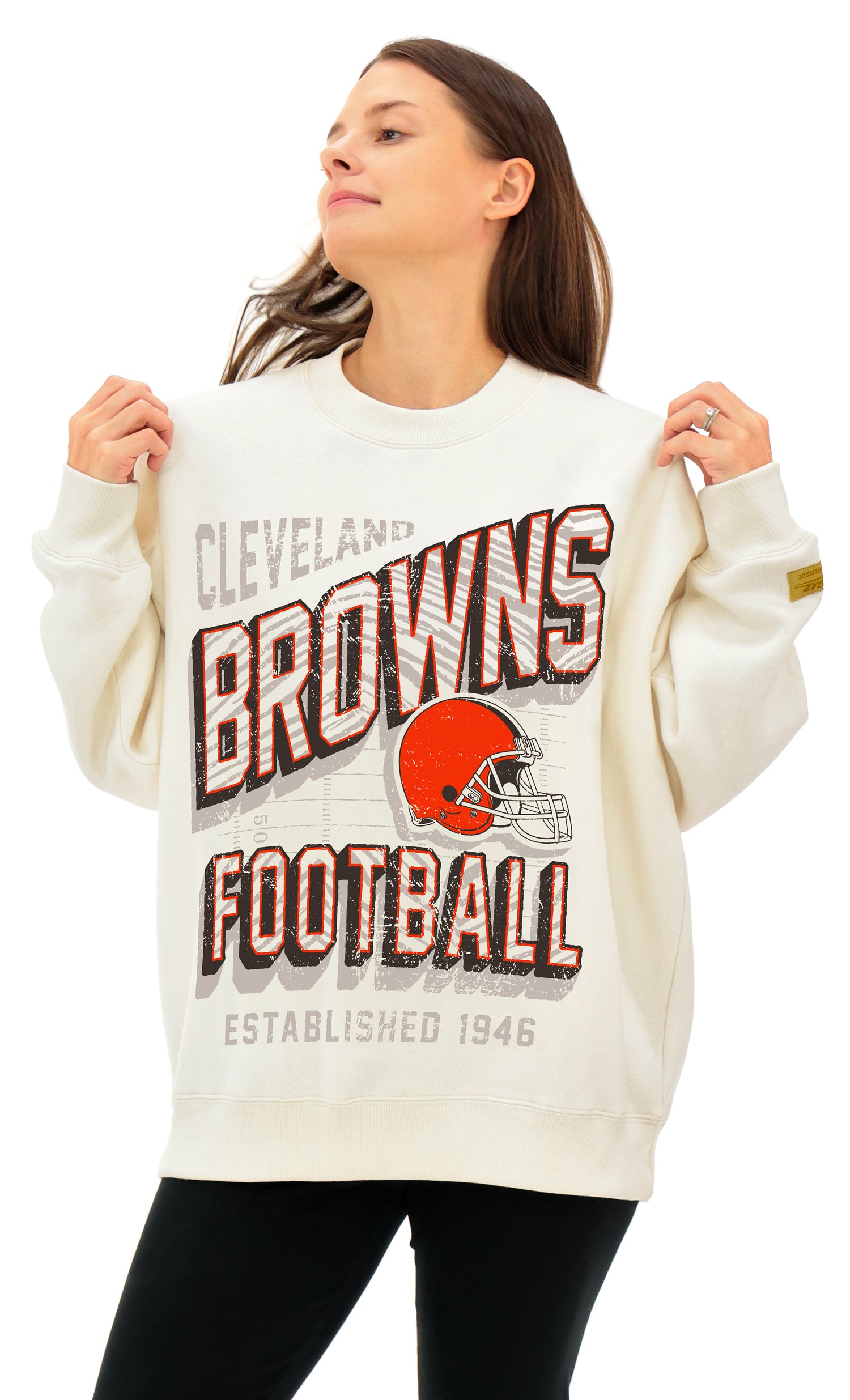 Zubaz NFL UNISEX 90s Vintage First Down Drop Shoulder Crewneck- Off White, CLEVELAND BROWNS