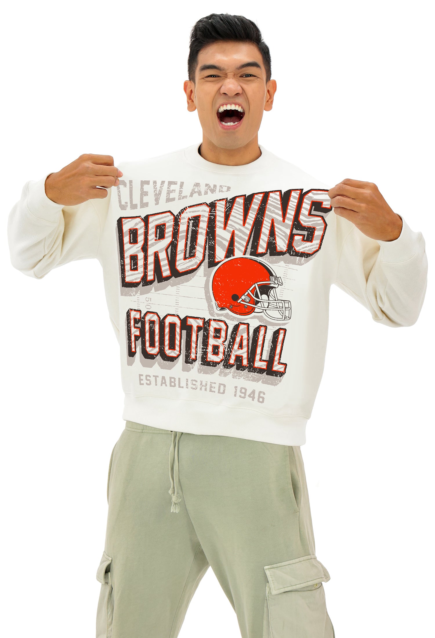 Zubaz NFL UNISEX 90s Vintage First Down Drop Shoulder Crewneck- Off White, CLEVELAND BROWNS