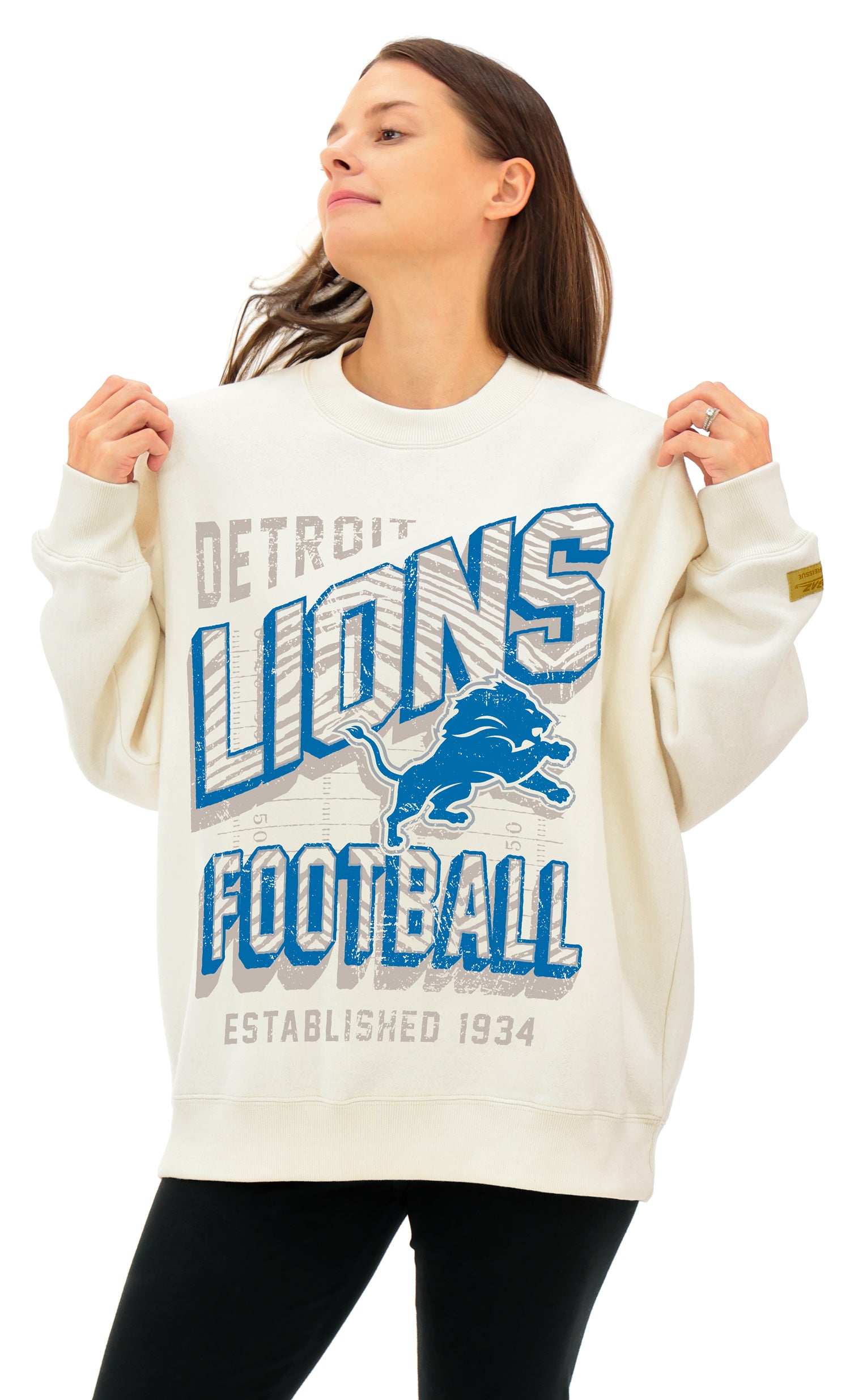 Zubaz NFL UNISEX 90s Vintage First Down Drop Shoulder Crewneck- Off White, DETROIT LIONS - Official NFL Lions Zubaz Apparel