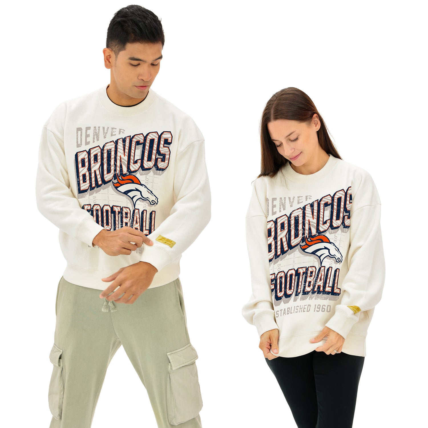 Zubaz NFL UNISEX 90s Vintage Shadow Drop Shoulder Crewneck- Off White, DENVER BRONCOS