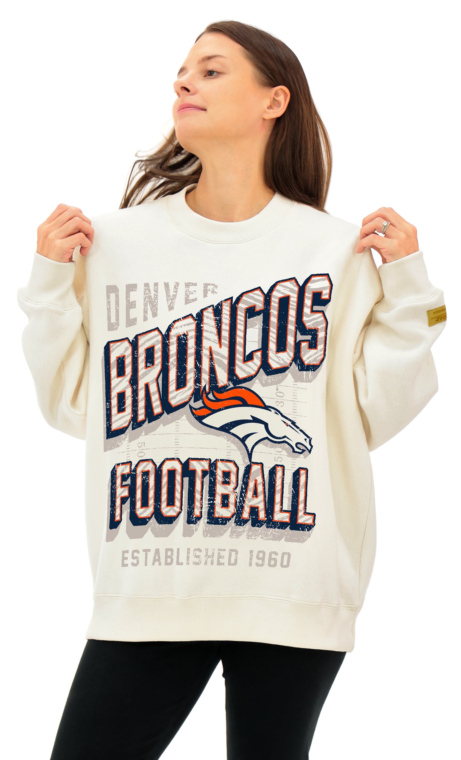 Zubaz NFL UNISEX 90s Vintage First Down Drop Shoulder Crewneck- Off White, DENVER BRONCOS