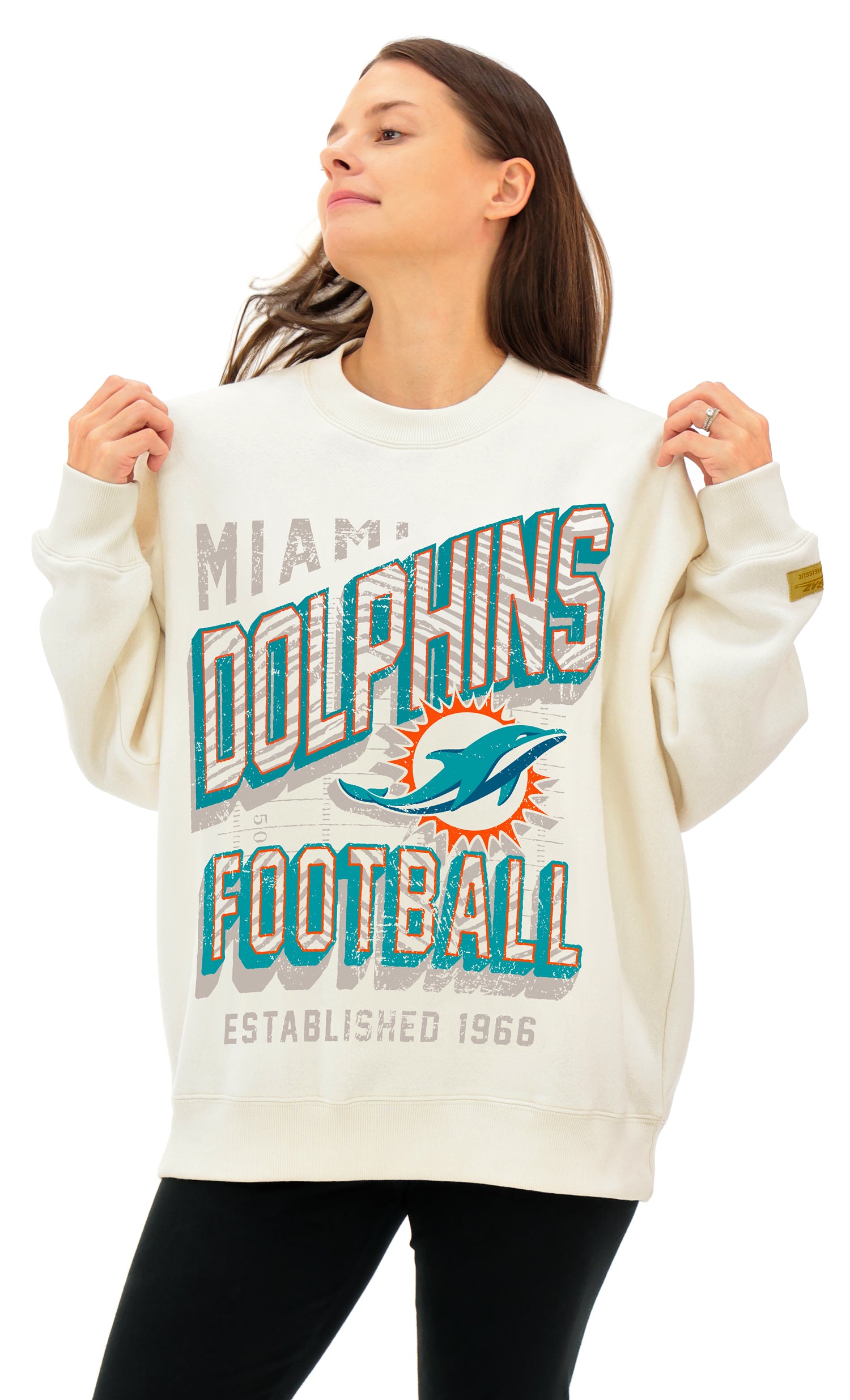 Zubaz NFL UNISEX 90s Vintage First Down Drop Shoulder Crewneck- Off White, MIAMI DOLPHINS - Official NFL Dolphins Zubaz Appa