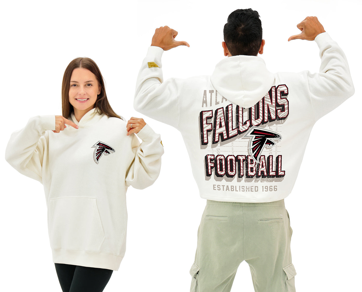 Zubaz NFL UNISEX 90s Vintage Shadow Drop Shoulder Hoodie- Off White, ATLANTA FALCONS