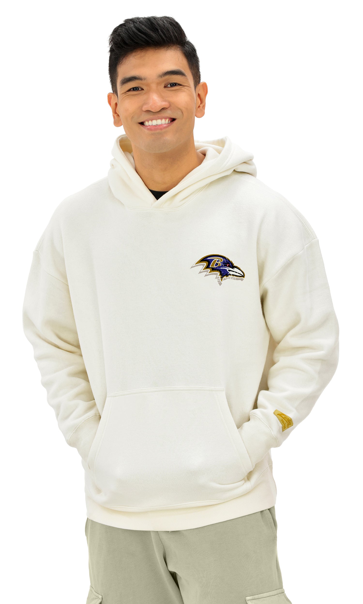 Zubaz NFL UNISEX 90s Vintage Shadow Drop Shoulder Hoodie- Off White, BALTIMORE RAVENS