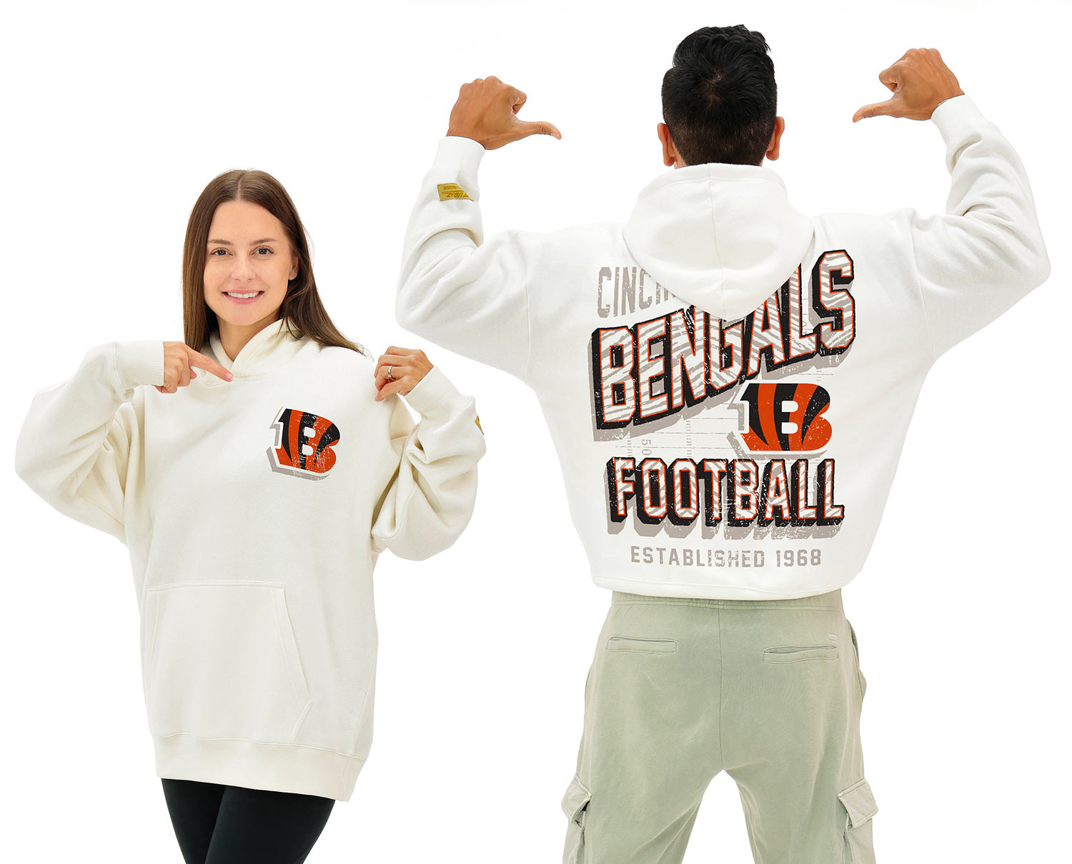 Zubaz NFL UNISEX 90s Vintage Shadow Drop Shoulder Hoodie- Off White, CINCINNATI BENGALS