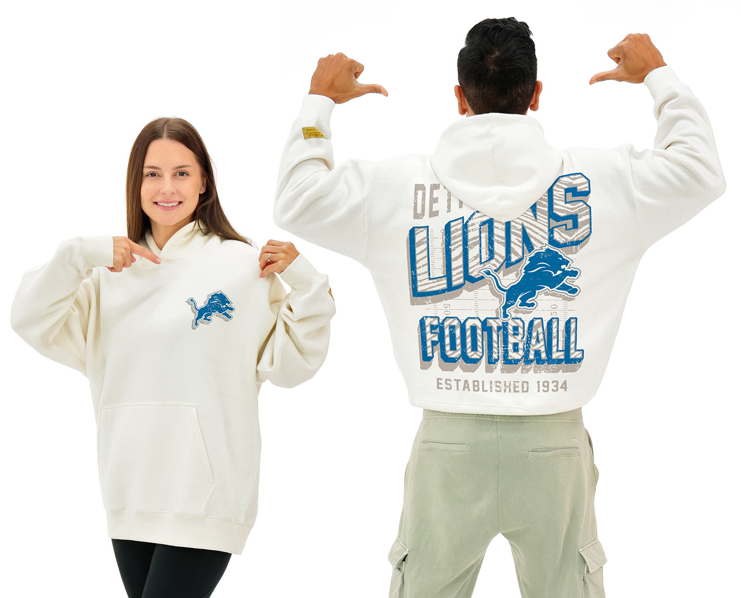 Zubaz NFL UNISEX 90s Vintage Shadow Drop Shoulder Hoodie- Off White, DETROIT LIONS
