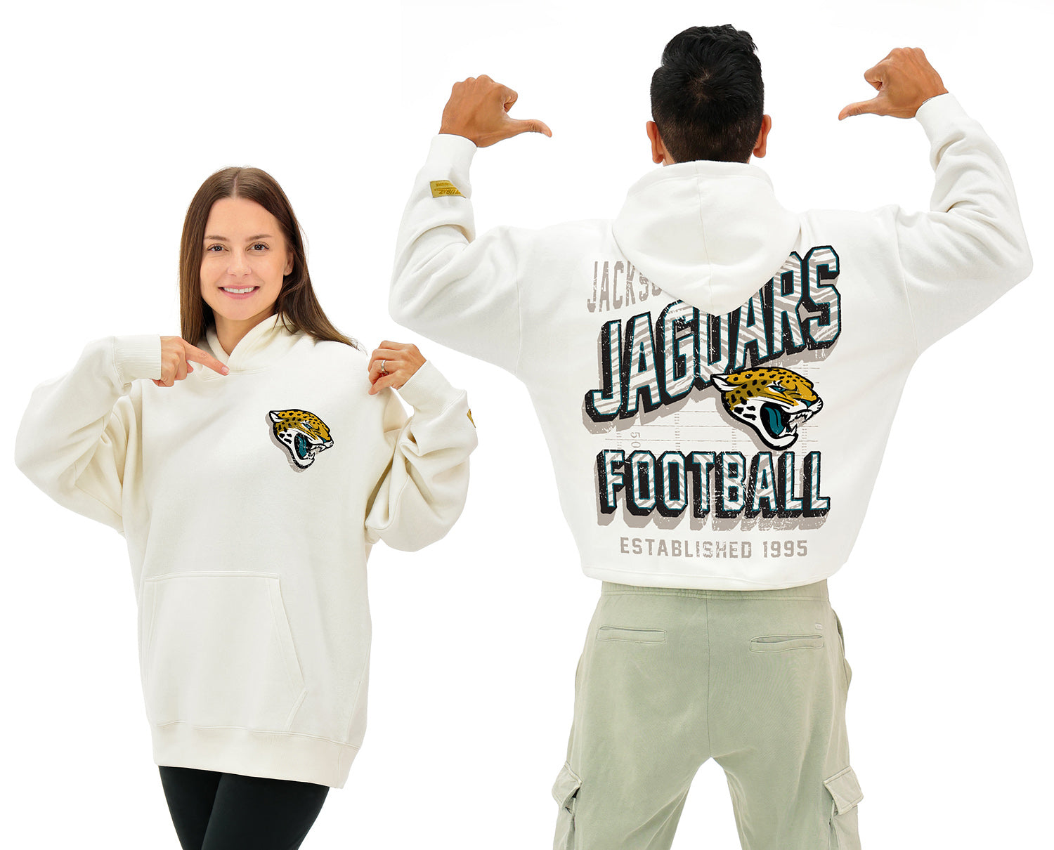 Zubaz NFL UNISEX 90s Vintage Shadow Drop Shoulder Hoodie- Off White, JACKSONVILLE JAGUARS